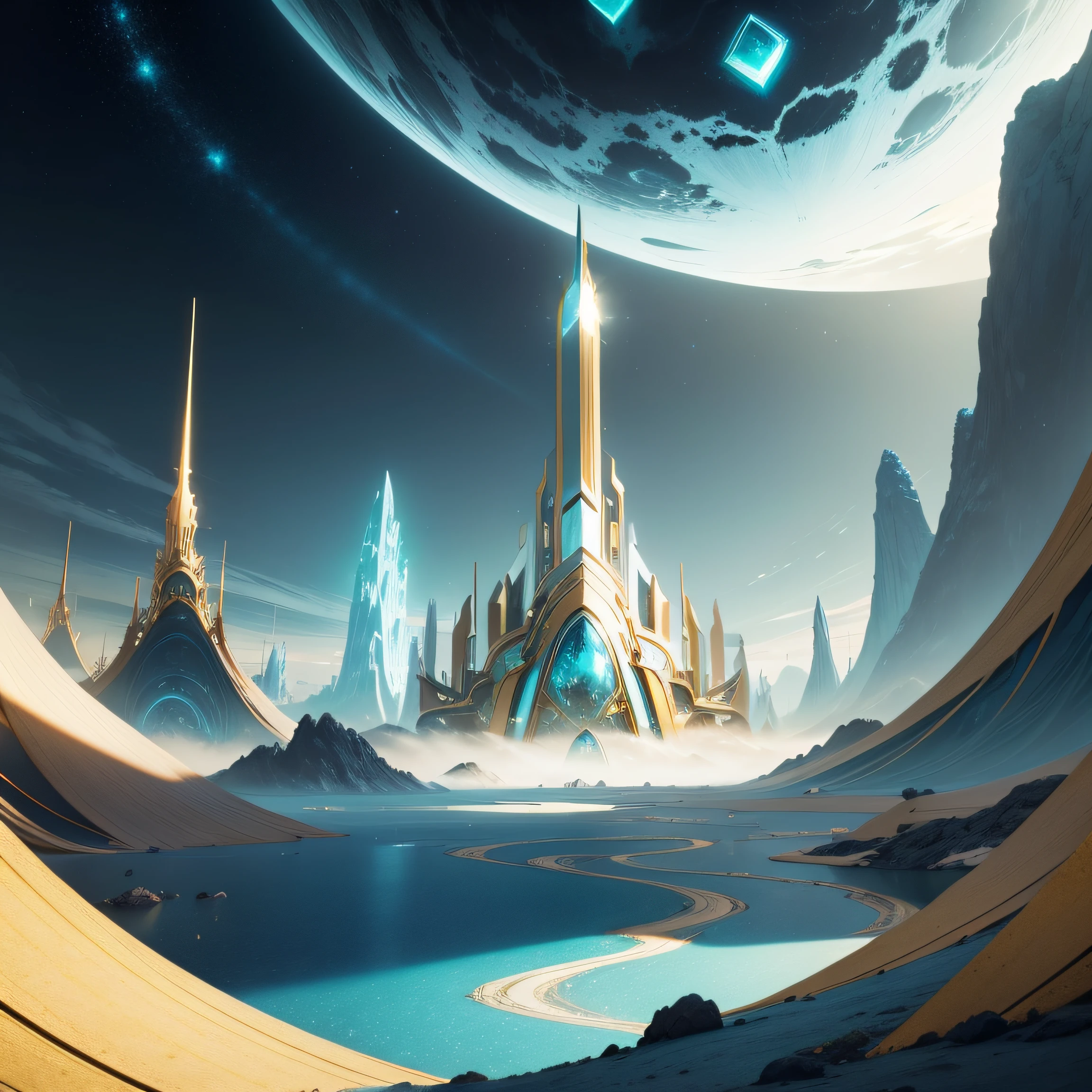 Dark white and gold and light aquamarine landscape, a beautiful sci fi interdimensional mystery school blue and gold hues