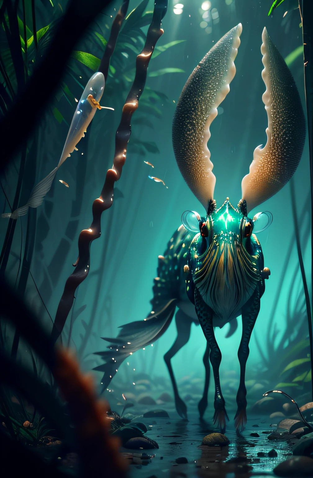 predator creature like with ((six legs)) slender, long body with feathers, green gepard body with feathers, long legs creature with transparent and lighting body, walking on all six legs, (((cuttlefish head))), ((four eyes)),jellyfish transparent body, six leghs, in the jungle, jungle, rain forest, high image quality, realistic look, high-resolution photography, 8K, full-frame matrix, deep shadows, ((one character)), (intricate details, subsurface scattering, hyperdetailed:1.15), (hyperrealism, volumetric lighting, sharp:1.5) Fujifilm XT3