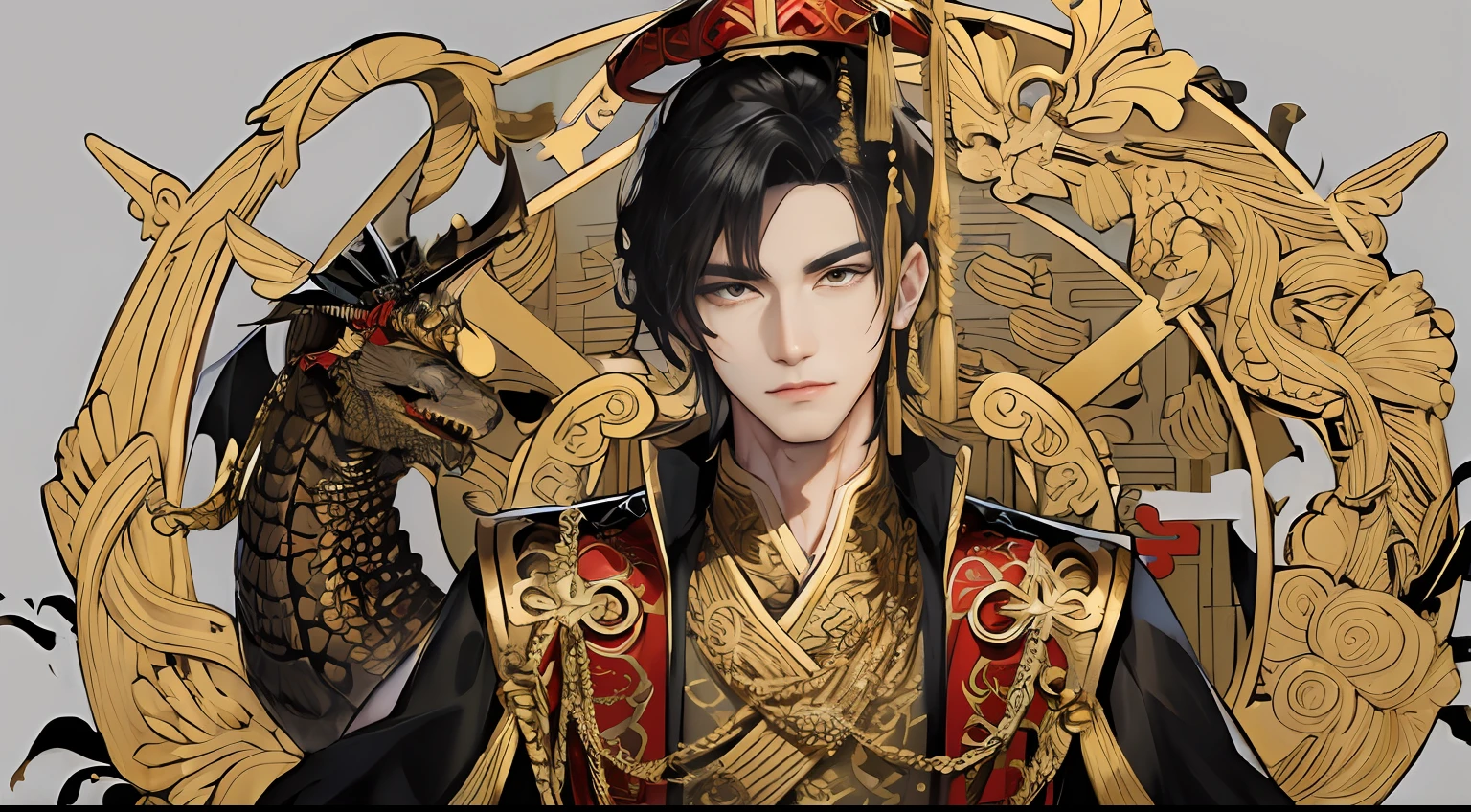 chinese crown, Masculine, Tall, calm, Black and gold alternating costumes, Gold pattern, Dragon pattern, prince, Sword pairing, Side, Facial details, The face is delicate