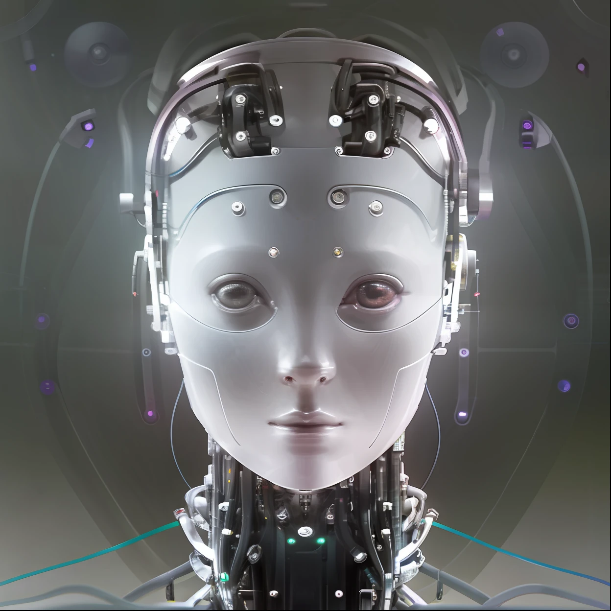 Close-up of robot head with wires and wires, cyborg - girl, cyborg woman, An intricate transhuman, cyborg girl, detailed portrait of a cyborg, Cybernetic machine female face, Image of a beautiful cyborg, Portrait of a cyborg, portrait of a female android, Portrait of a futuristic robot, perfect cyborg female, person, Like a cyborg