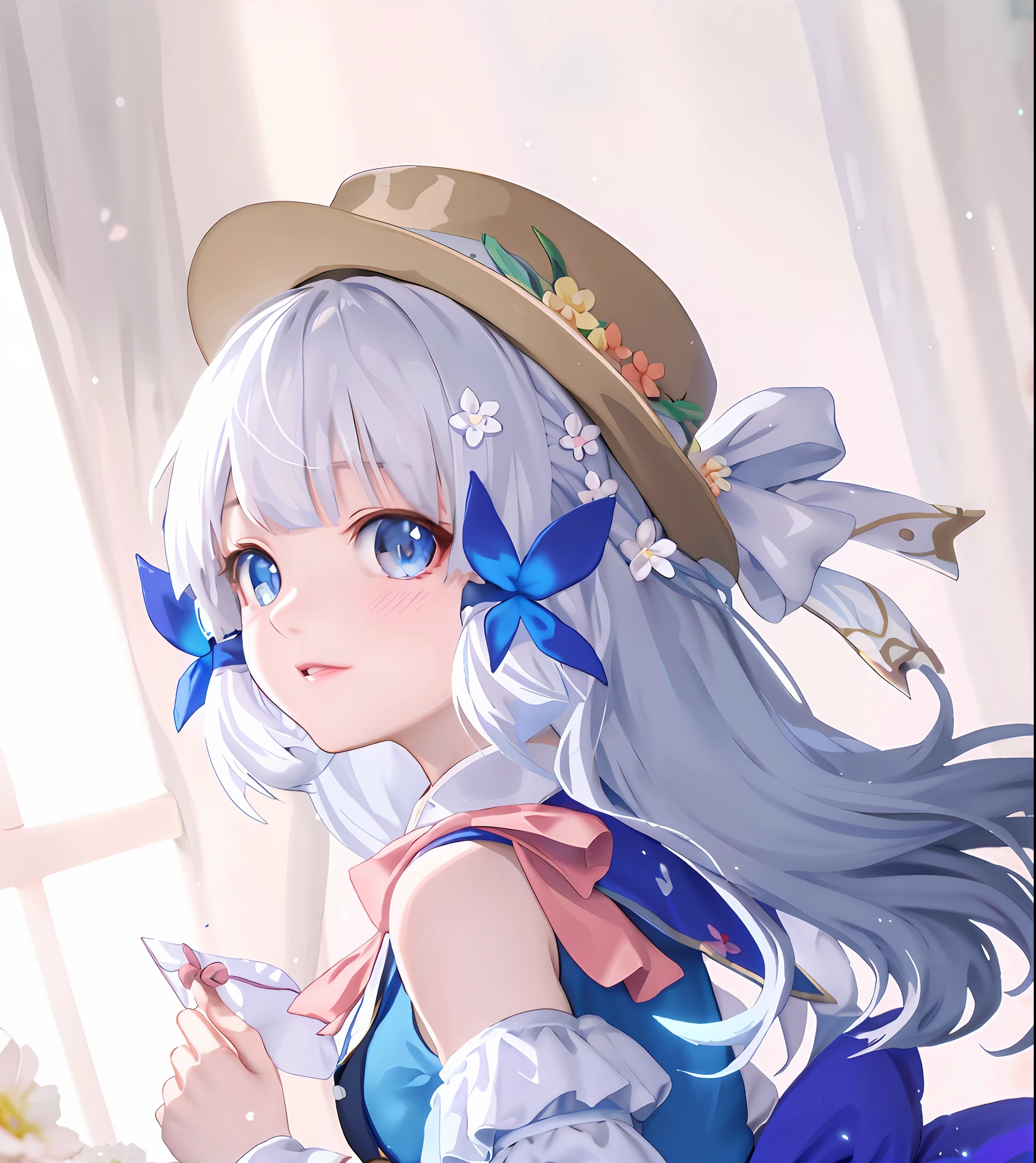 Anime girl holding flowers wearing hat and blue dress, Splash art anime Loli, style of anime4 K, an anime portrait of cirno, Cute anime girl, Anime moe art style, a beautiful anime portrait, pretty anime girl, Beautiful anime girl, cute anime waifu in a nice dress, portrait anime girl, Anime girl, Anime art wallpaper 4k