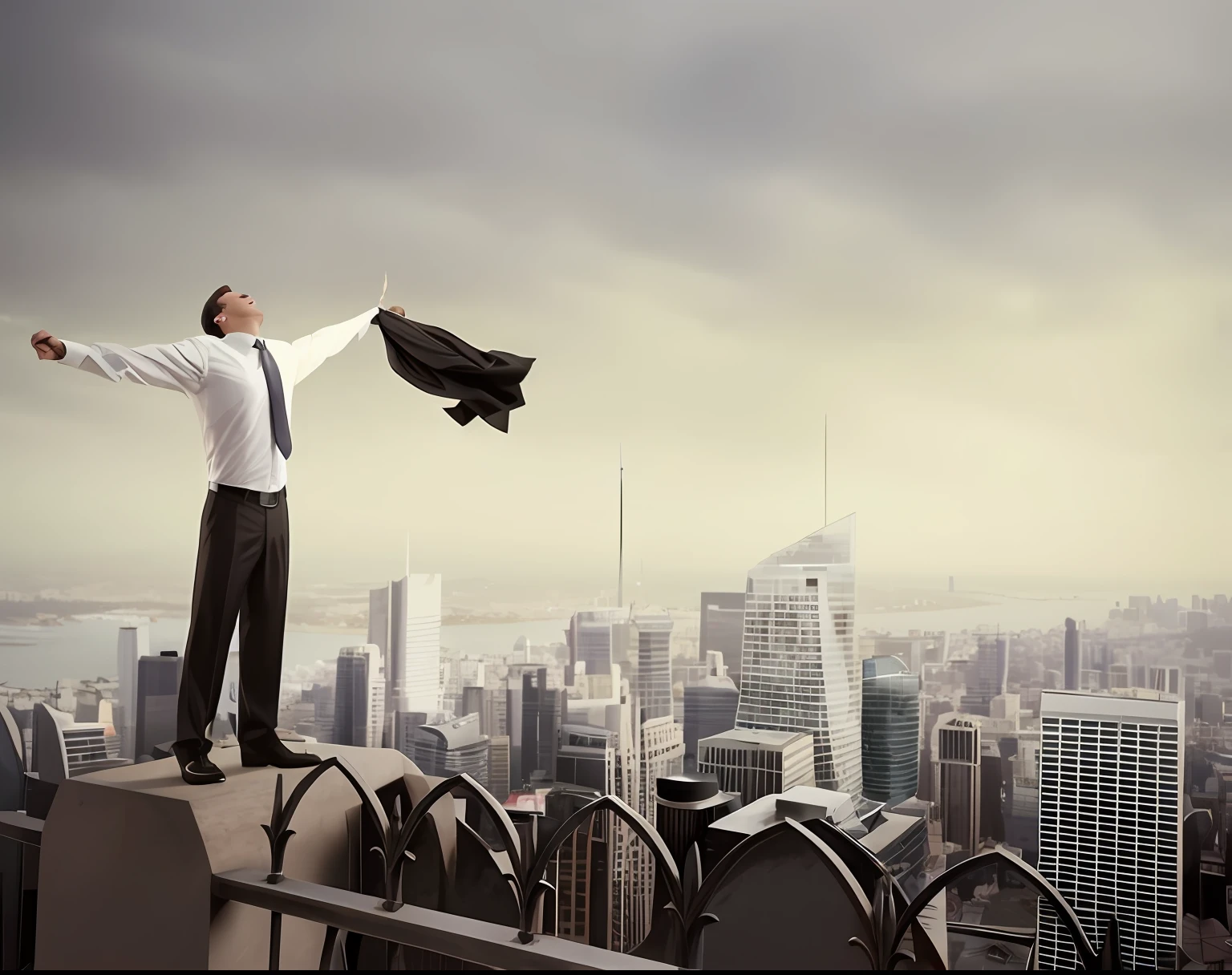 Businessman standing on a ledge with his arms outstretched and a suit on his shoulder, standing on a skyscraper rooftop, stood on top of a sky scraper, Caminhando no topo de uma pequena cidade, perched on a skyscraper, Imagem absolutamente excepcional, sitting on a skyscraper rooftop,