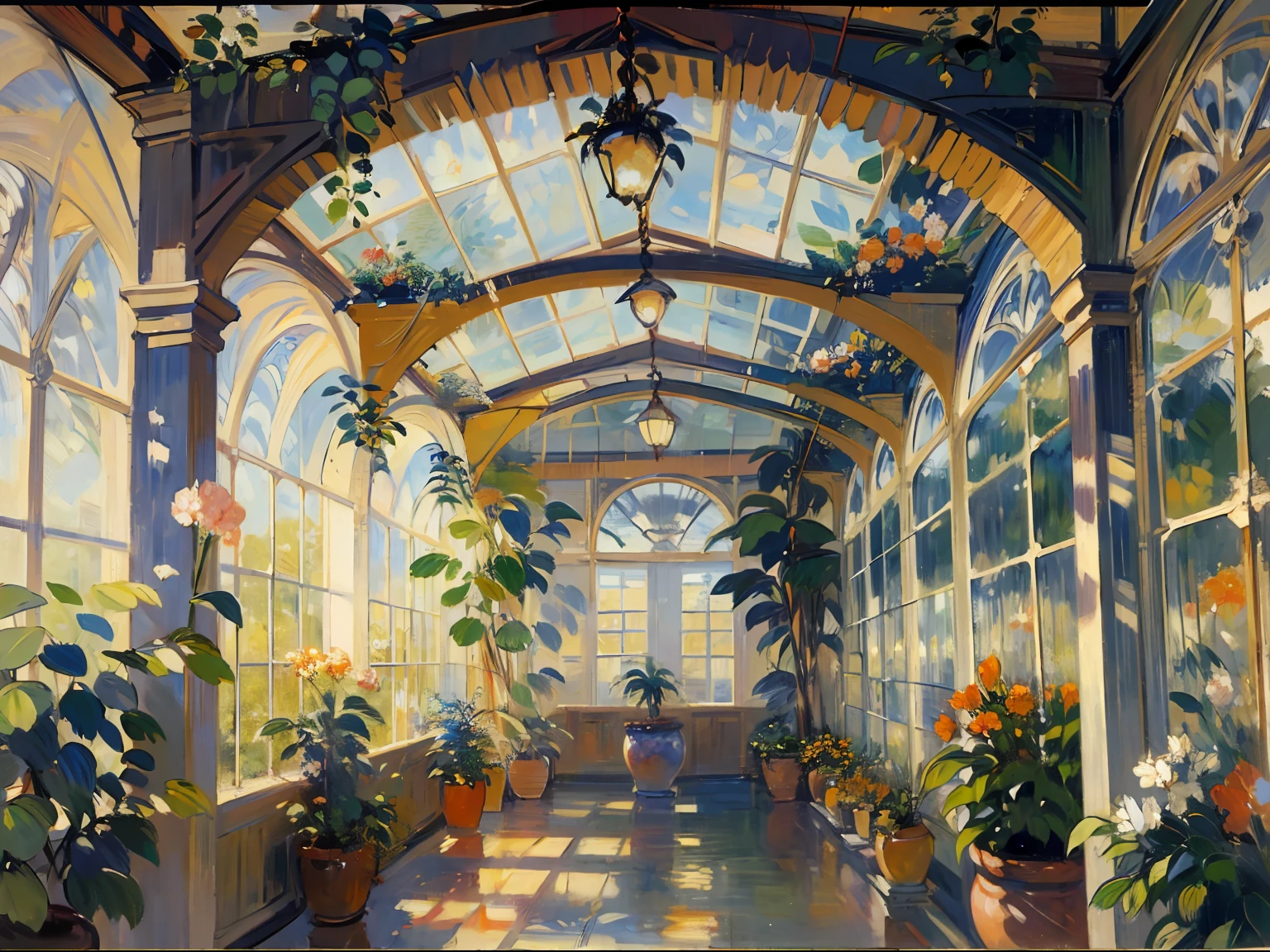 ((orangery)), ((glass)), ((Evening)), ((night time)), (Plants), (Flowers), ((mist)), ((vintage)), ((19th century)), (Renoir), (Monet), (oil painting), (Sketch)