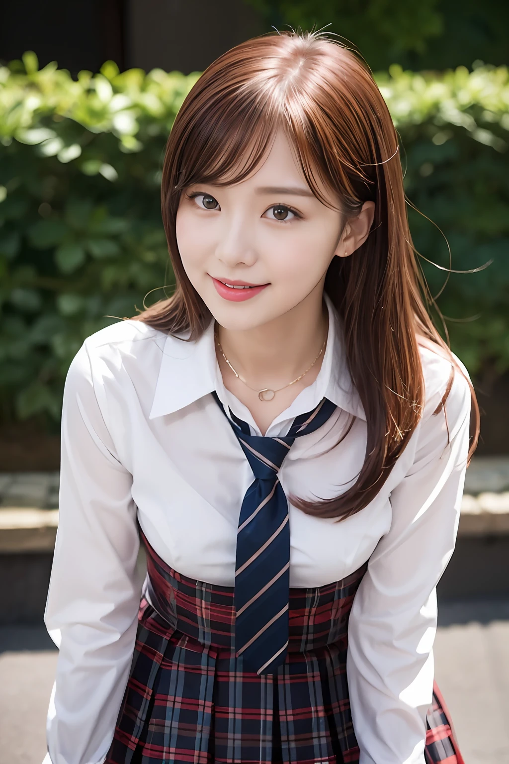 1人、Blushing cheeks、Red Bicycle、Push the bike and walk、a smile、gazing at viewer、optic、large full breasts、White open shirt sticking to the chest、Tartan checked skirt、Girl in Japan school uniform、florals、hair pin、a necklace、piercings、Leaning forward、from below looking up、depth of fields、pointed red mouth、Glossy reddish-brown shorthair、Black eyes、鎖骨、Beautiful fingers、Hourglass body、portrait of a full body、Loosen your tie、