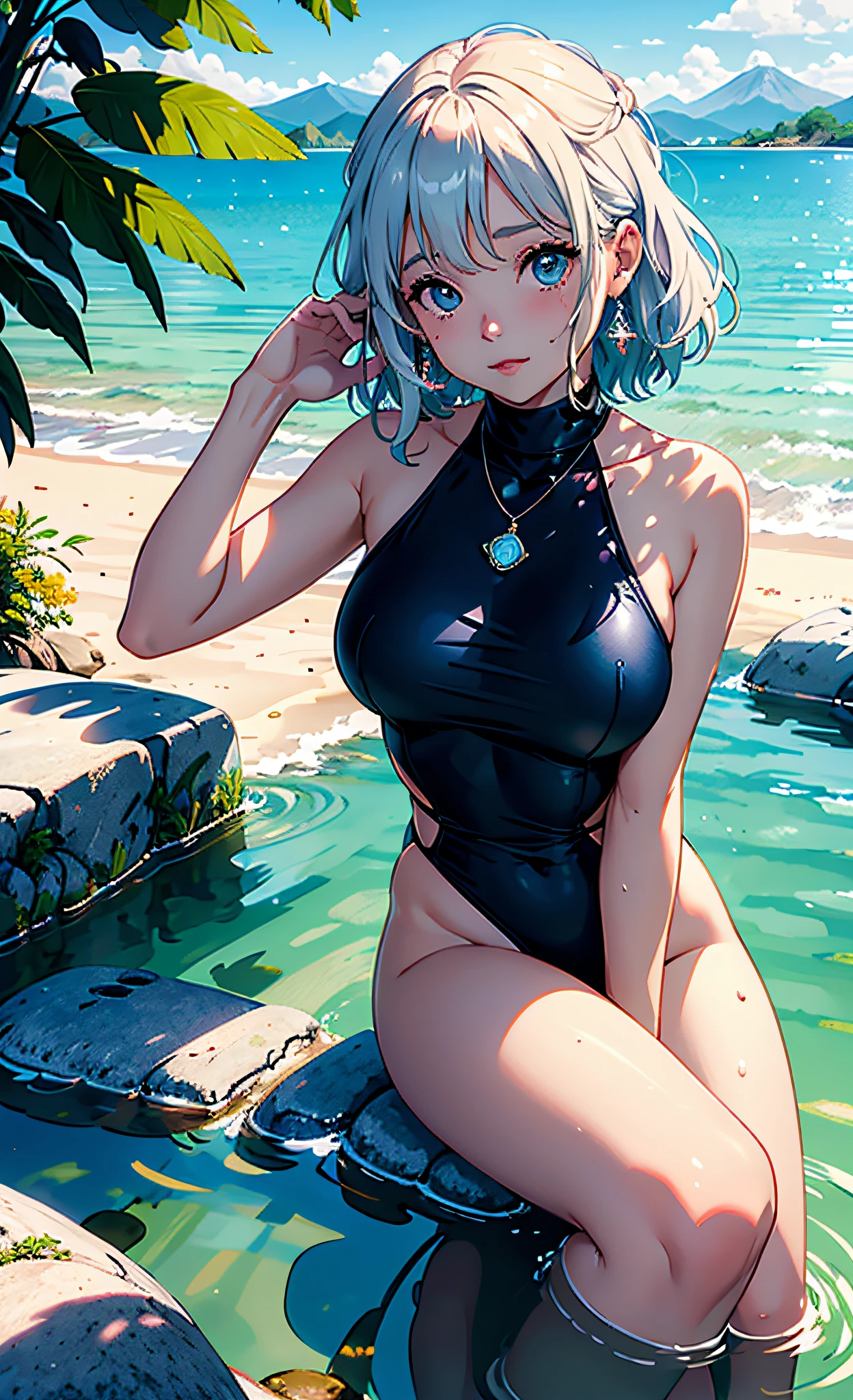 1 girl in, serene expression, ojos fascinantes, largo, cabello rosa claro lacio, Sky Blue Turtleneck Swimsuit, postura serena, piel de porcelana, rubor sutil,  (edge lighting): 1.2, warm tones, resplandor solar, sombras suaves, colores vibrantes, Pictorial effect, Dreamy atmosphere BREAK scenic lake, Distant mountains, salsa, aguas tranquilas, reflejo, nubes iluminadas por el sol, ambiente tranquilo, Idyllic sunset, ultra detallado, arte oficial, fondo de pantalla de unidad 8k, Zentangle, mandala