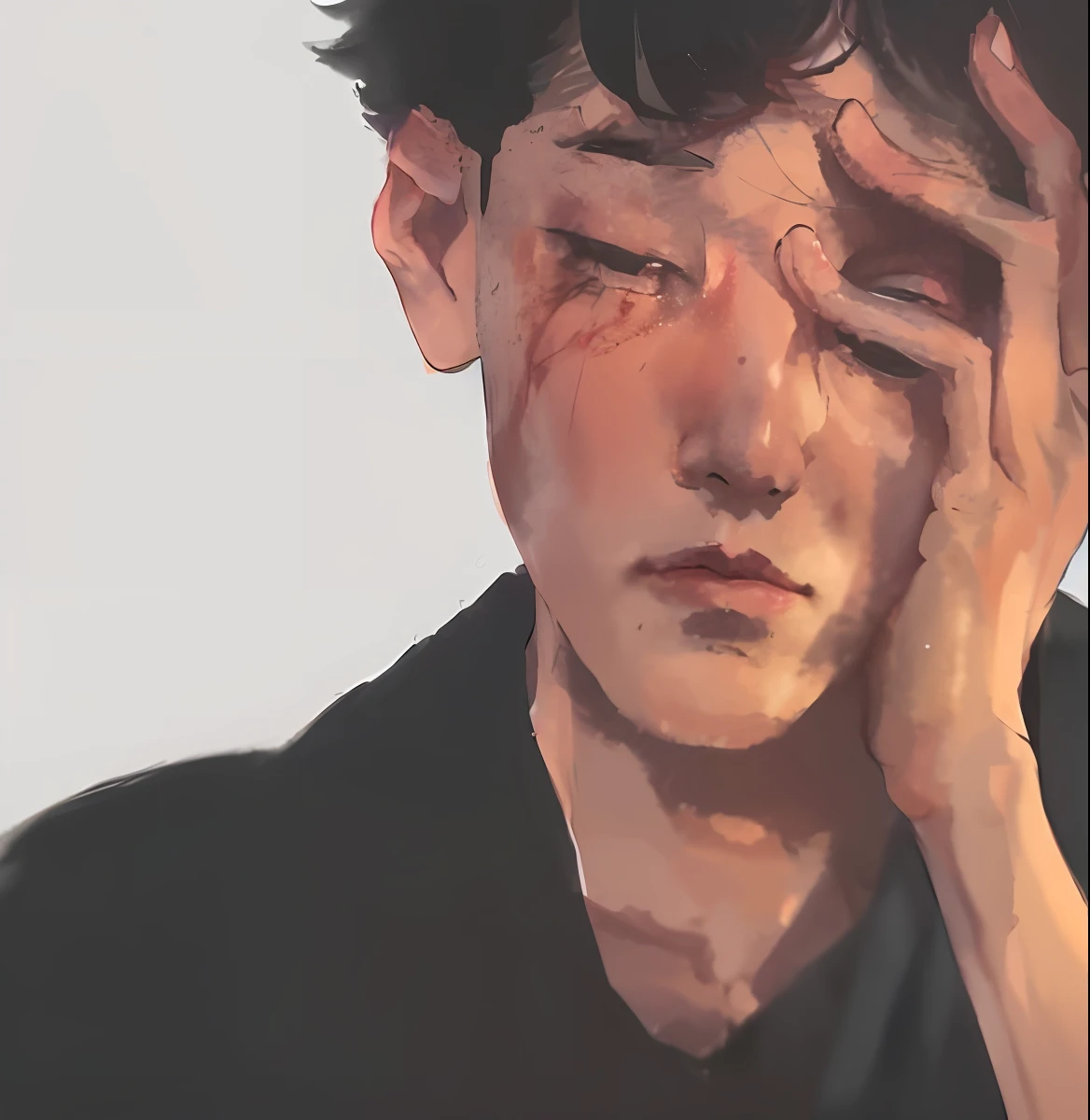 Draw a man in a black shirt with his hands on his face, Painting of emotional sadness, inspired by Yanjun Cheng, nostalgic melancholic artwork, sad man, Guviz-style artwork, portrait of a crying ai artist, korean artist, jinyoung shin art, inspired by jeonseok lee, with a sad expression, melancholic art