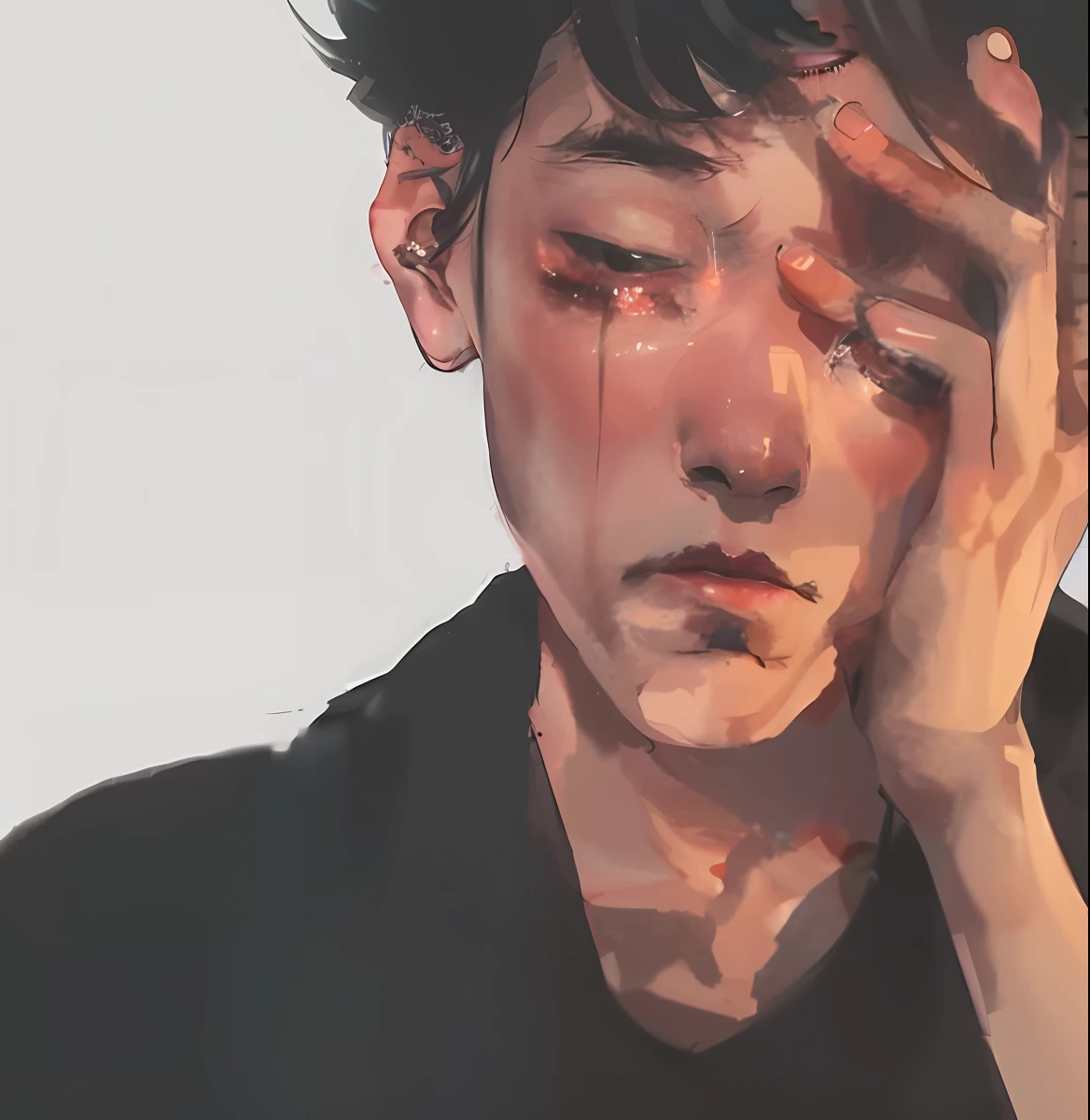 Draw a man in a black shirt with his hands on his face, Painting of emotional sadness, inspired by Yanjun Cheng, nostalgic melancholic artwork, sad man, Guviz-style artwork, portrait of a crying ai artist, korean artist, jinyoung shin art, inspired by jeonseok lee, with a sad expression, melancholic art