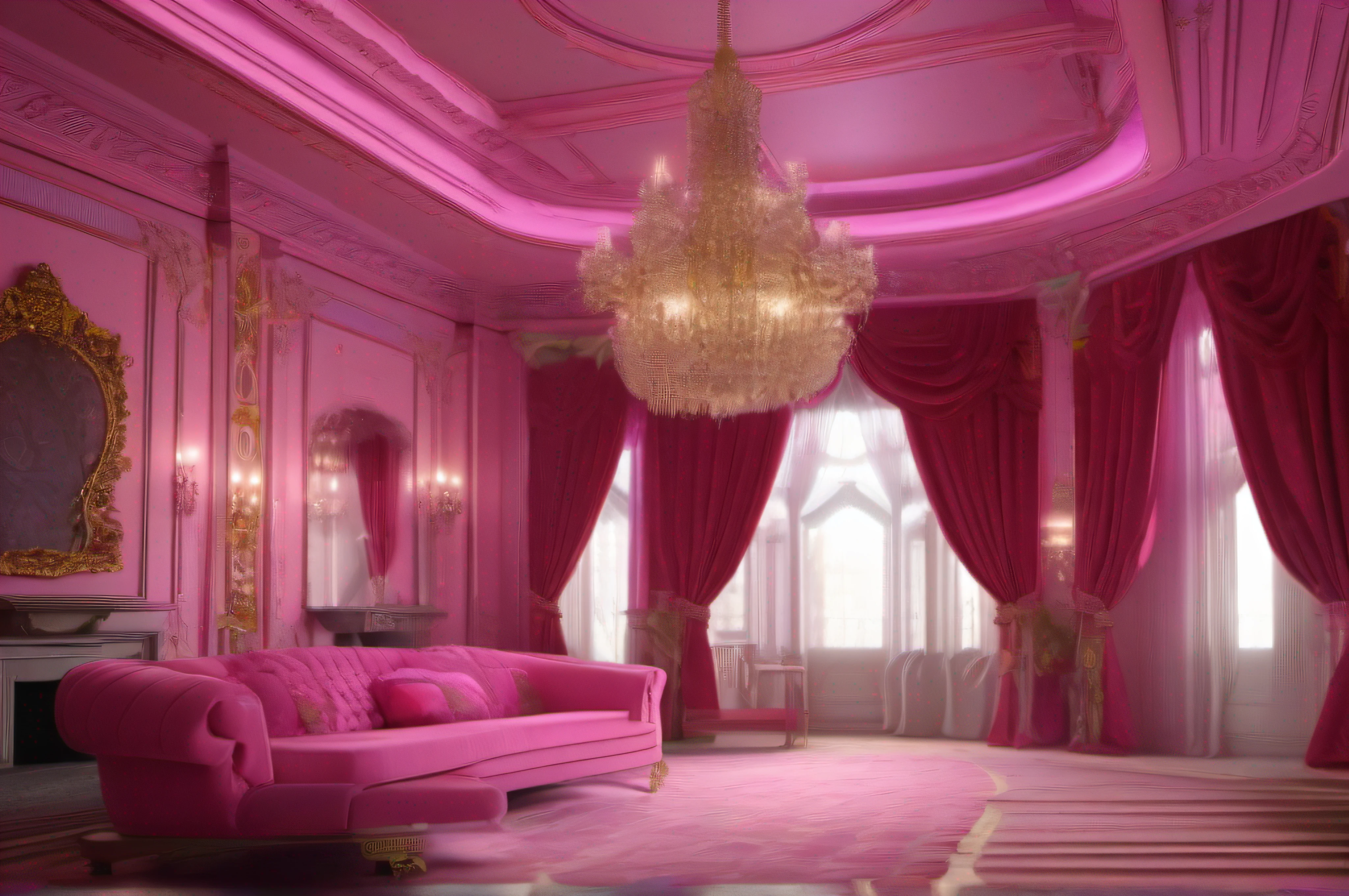 (masterpiece, best quality, CGI, official art: 1.4), (room with a pink sofa :1.3), brightly lit pink room, brightly lit purple room, inside your castle, exquisitely designed throne room, beautiful aesthetics, engine hyperreal; romantic theme, royal interior, art nouveau octane render, inside a large ornate room, global illumination. visual effects