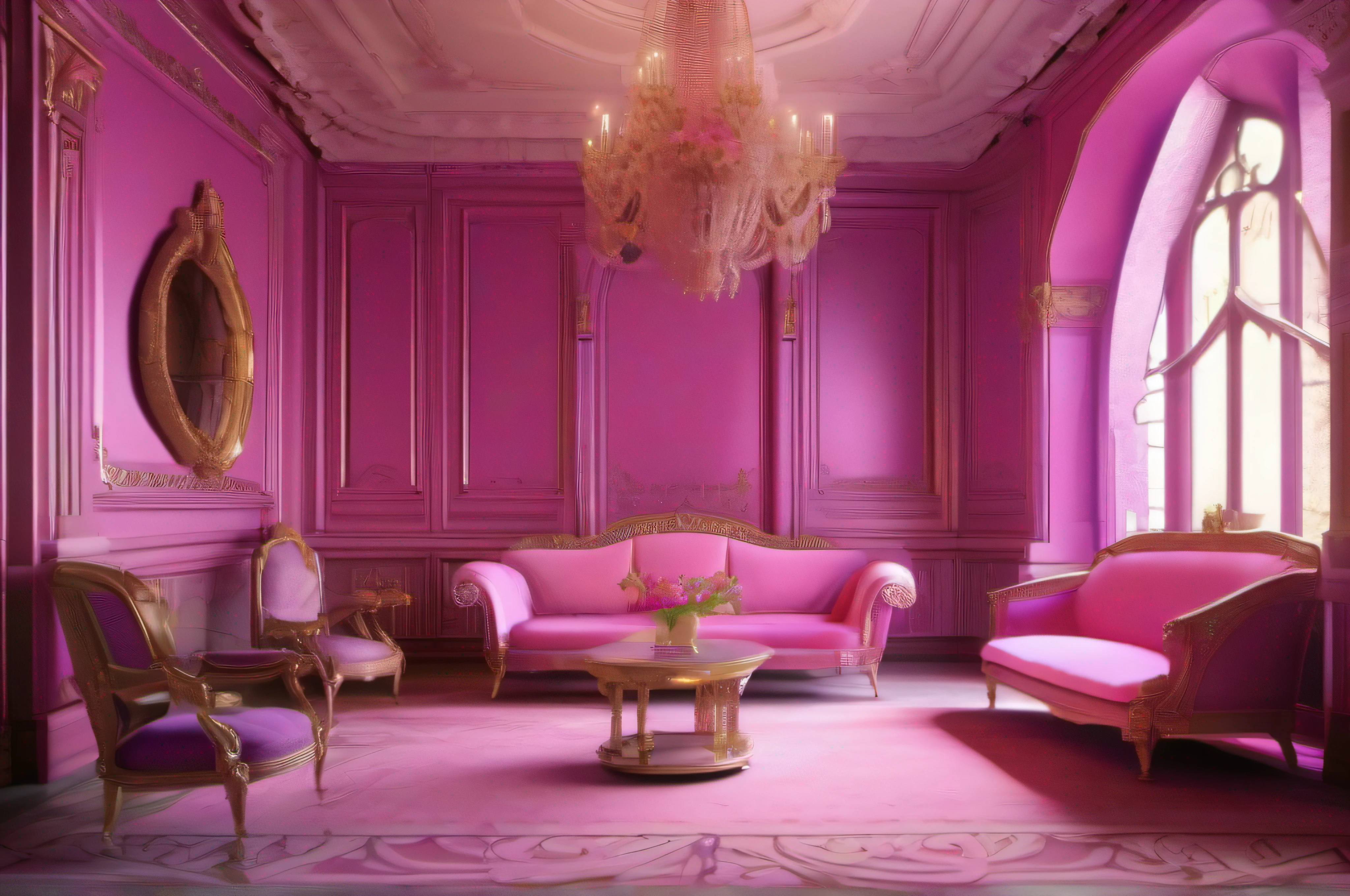 (masterpiece, best quality, CGI, official art: 1.4), (room with a pink sofa :1.3), brightly lit pink room, brightly lit purple room, inside your castle, exquisitely designed throne room, beautiful aesthetics, engine hyperreal; romantic theme, royal interior, art nouveau octane render, inside a large ornate room, global illumination. visual effects