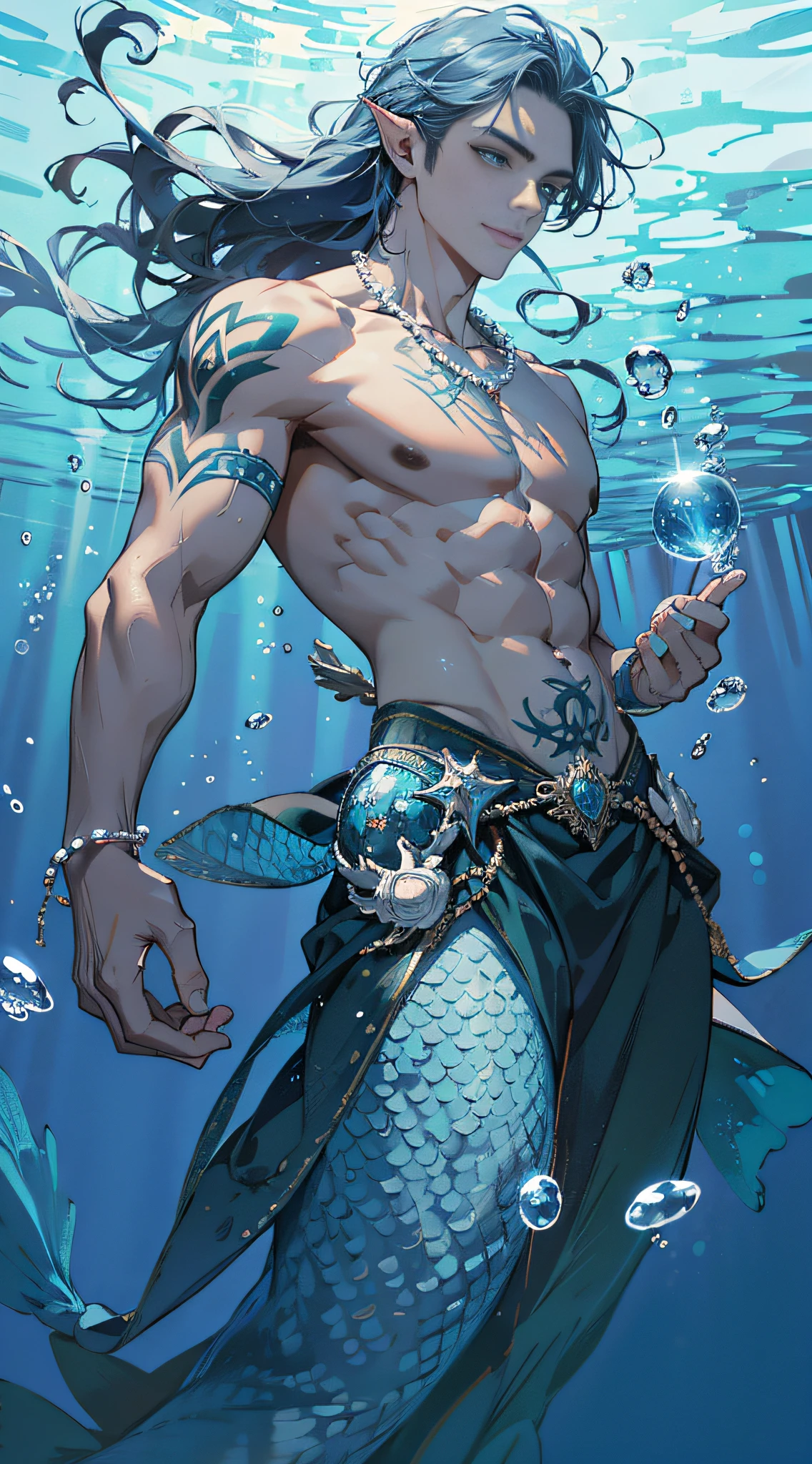 (tmasterpiece,A high resolution,ultra - detailed:1.0),(1 boy,young male:1.3),(Masculine face:1.3), Adult male,Perfect male body,a broad shouldered,strong muscle,Mermaid line,chest muscle,(Man fish:1.5), (Fishtail:1.3), (eye looking to camera), Delicate eyes and delicate face,Extremely detailed CG,Unity 8k wallpaper,Complicated details,(confident smile,Toothy smile),Hair flying in the water,light blue colored skin,(Fin ears:1.3),There are fine scales on the skin,top less,Wear a pearl shell necklace,full bodyesbian,solo person,Detailed face, ("Ocean and underwater world" Theme:1.1), (Under water,Ocean bubbles,Underwater light and shadow),portraitures,
信息