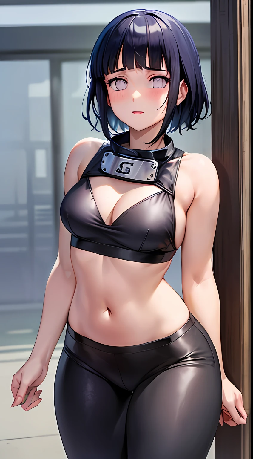 obra-prima, alto, alta qualidade, rosto detalhado, render corpo detalhado, 1girl, sozinho, hyuuga hinata, hinata-sleevless-outfit, middlebreasts, Small thorax, quadril largo, coxas grossas, top, barriga de fora, top, tampo da rede de pesca, Dark lips, no-bra, seios para fora, Dope, pernas grossas, standingn, de costas, Blushes, (no quarto), tight black legging pants