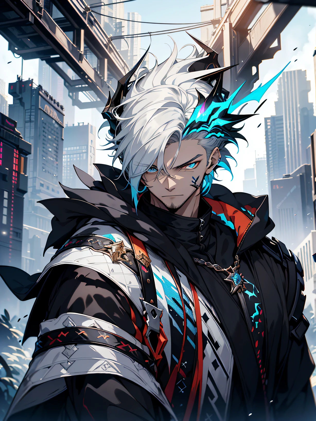 Cyberpunk male, fantasy world, dark background, clean design, epic instagram, artstation, colorful paint splatter, silhouette, hyper detailed intricate details, unreal engine, fantasy, intricate details, splash screen, complementary colors, Fantasy concept art, 8k resolution, deviantart masterpiece, oil painting, heavy strokes, paint dripping, (isolated on white background: 1.3), rainbow skin, (((handsome young man))), ((teenage:1.5) ), (glowing blue eyes), ((light eyes)), ((((short white hair: 1.1))), ((black clothes)), (prince\\(indifferent expression\\),, ( ((Wears high detail luxurious black robe))), white hair, frost magic, ((chest) --v 6