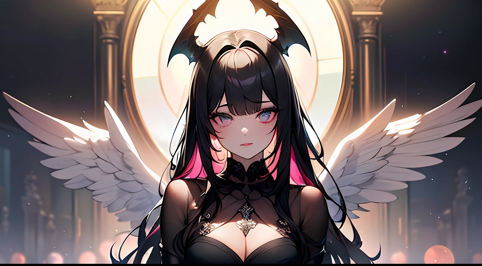 (Masterpiece:1.2), best quality, (illustration:1.2), (ultra-detailed),Eye focus,(Masterfully crafted Glow, pink lens flare), (Cinematic background), hyper details, (delicate detailed), (intricate details),in the air, octane render, hdr, (hyperdetailed:1.15), (soft light:1.2), 1girl, beautiful girl, ultra detailed eyes, mature, plump, thick, rainbow painting drops, paint teardrops, woman made up from paint, entirely paint, splat, splash, outdoors, (bioluminescent hair:1.1),(glowing eyes), ((makeup)),(Cinematic masterpiece), fierce, powerful, splashes of colour absolutely eye-catching, (Cinematic headlight), light coming from above, growing shadows, ((caustic)), dynamic angle, beautiful detailed glow, ambient occlusion, ambient light, raytraced reflections,(best illumination, an extremely delicate and beautiful), ((cinematic light)), (soft:2), (Nephilim:1.2), (halo), demon horns,(1 angel wing),1 demon wing, wings on back, half demon, demon ears, black wings, raven wings, (falling raven feathers), black hair, grey eyes, (red hair glow), (radiant aura),