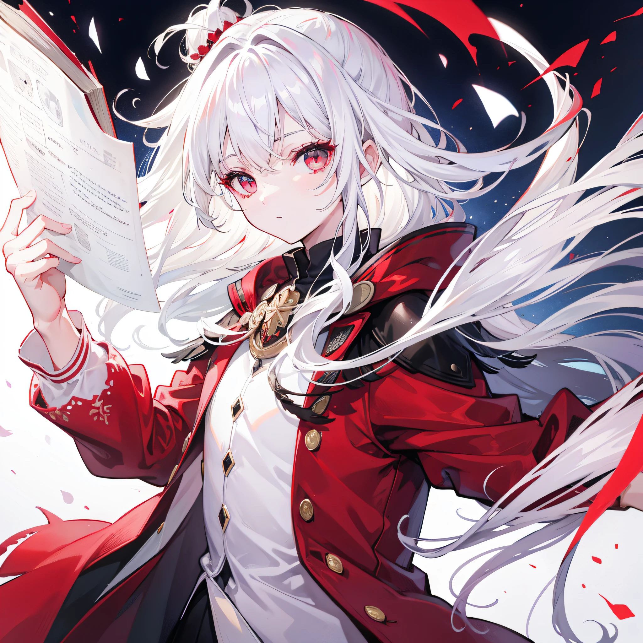 White hair JK white silk red eyes study background high ponytail Hold a book