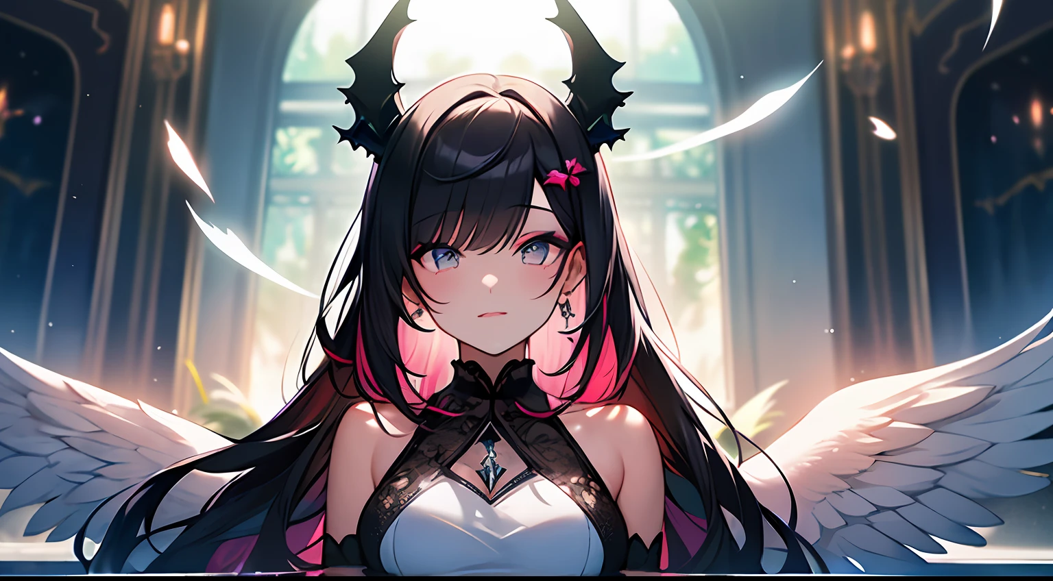 (Masterpiece:1.2), best quality, (illustration:1.2), (ultra-detailed),Eye focus,(Masterfully crafted Glow, pink lens flare), (Cinematic background), hyper details, (delicate detailed), (intricate details),in the air, octane render, hdr, (hyperdetailed:1.15), (soft light:1.2), 1girl, beautiful girl, ultra detailed eyes, mature, plump, thick, rainbow painting drops, paint teardrops, woman made up from paint, entirely paint, splat, splash, outdoors, (bioluminescent hair:1.1),(glowing eyes), ((makeup)),(Cinematic masterpiece), fierce, powerful, splashes of colour absolutely eye-catching, (Cinematic headlight), light coming from above, growing shadows, ((caustic)), dynamic angle, beautiful detailed glow, ambient occlusion, ambient light, raytraced reflections,(best illumination, an extremely delicate and beautiful), ((cinematic light)), (soft:2), (Nephilim:1.2), (halo), demon horns,(1 angel wing),1 demon wing, wings on back, half demon, demon ears, black wings, raven wings, (falling raven feathers), black hair, grey eyes, (red hair glow), (radiant aura),