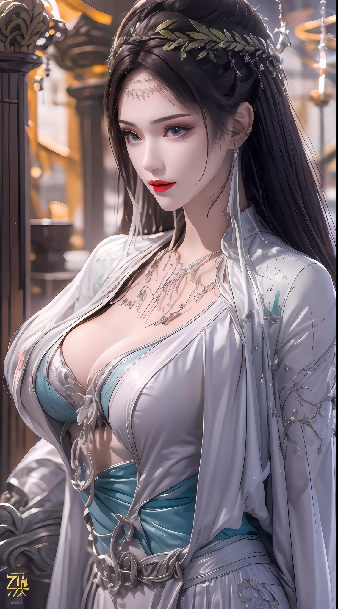 Portrait of a young 20-year-old saint, a saint with a beautiful and super cute face,wearing a very thin and sexy ao dai, beautiful cute face, Ao dai with a deep slit in the chest and attractive black and white lace trim, beautiful face without blemishes, Lovely smile, ((7-color hair length:1.2)), big crown, hair brooch, hanfu dress, chinese ancient style, full body jewelry, forehead tattoo, The female saint's breasts are round and very full, breast augmentation, innocent face, The most beautiful and detailed light red lipstick, ((Thin plump lips:0.3)), delicate pink and white eyes (white and detailed) cinematic, light and dark, dramatic lighting, magical light, extremely detailed light, true color, super sharp, realistic, 8k quality, fantasy universe background, saints and magical space, the most detailed images, Solo, a saintess, ((looking directly at the saint's upper body:0.4)), ((smooth skin:0.5)),