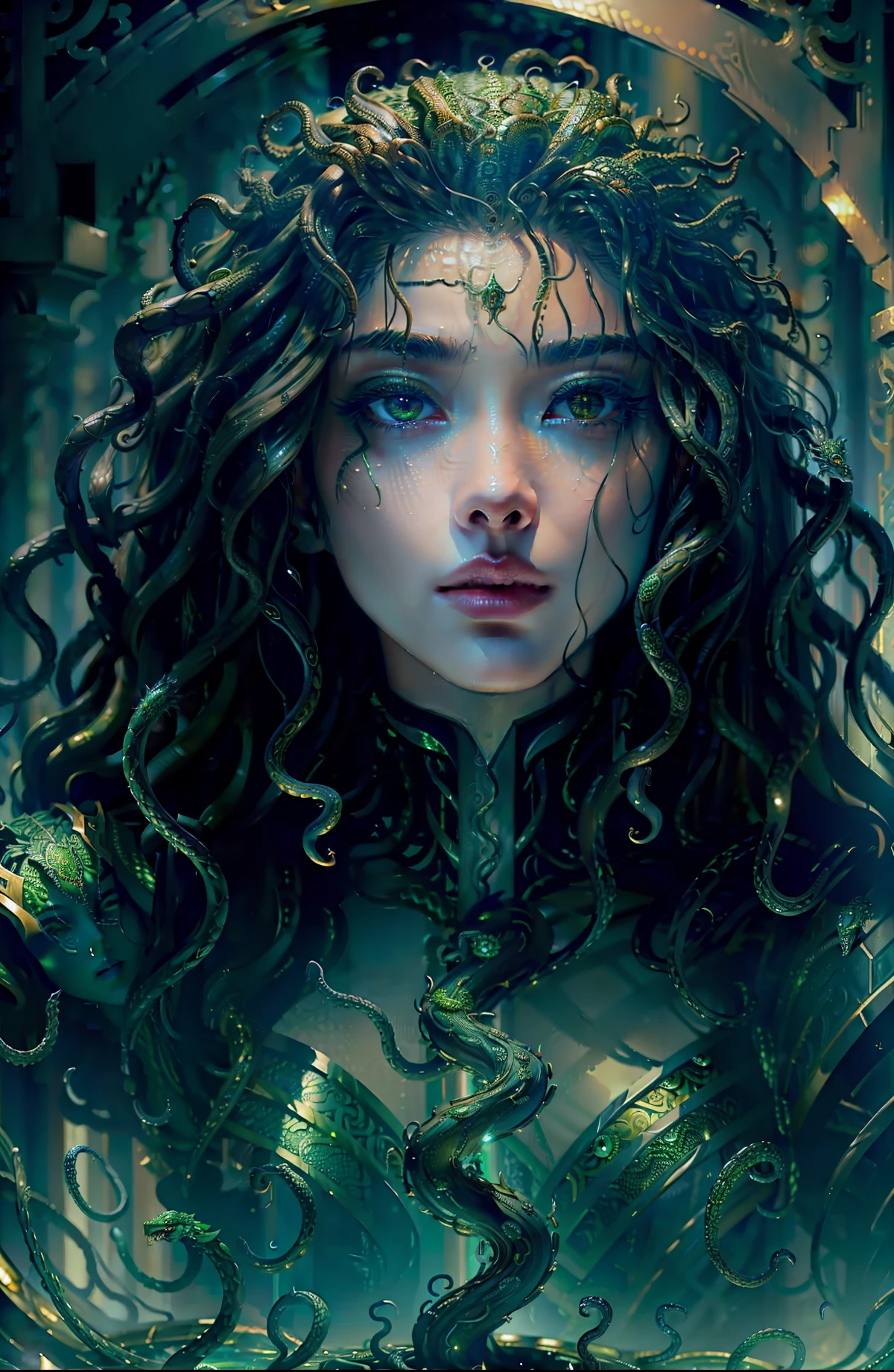 ((best quality)), ((masterpiece)), ((realistic)), Medusa, full body, the hair is composed of countless small snakes, green eyes, female face, metal carved top, royal aura, trend on artstation , sharp focus, studio photo, intricate detail, very detailed, detailed eye, illustration, very detailed, sharp focus, digital render, professional, 4k