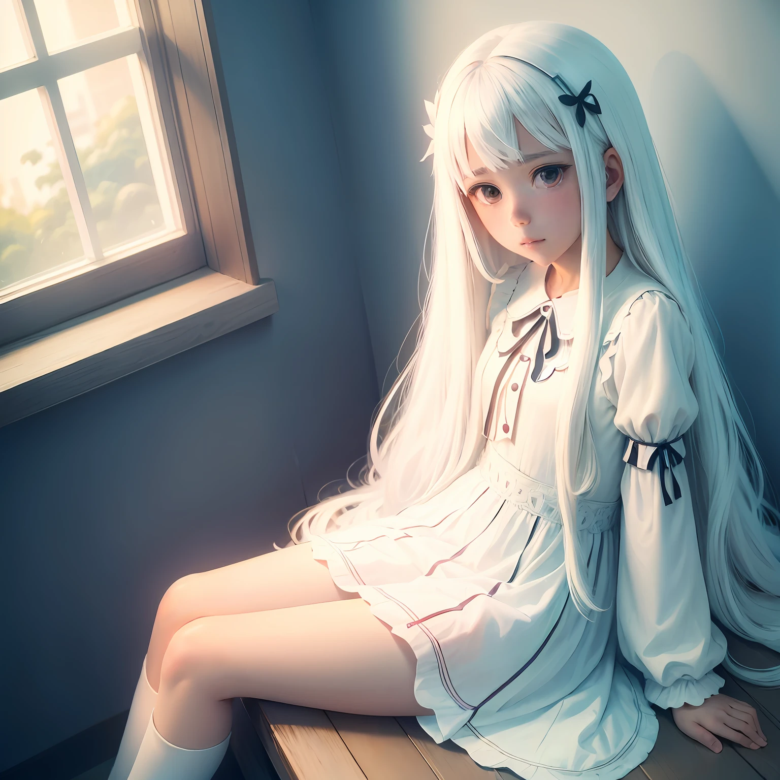 Anime **** sitting on windowsill，Legs crossed, Seductive anime ****, Smooth anime CG art, Attractive anime ****, Beautiful and seductive anime ****, Anime. Soft lighting, Beautiful anime ****, **** in dress, ilya kuvshinov with long hair(White color hair）, Beautiful anime ****, Only white clothes --auto