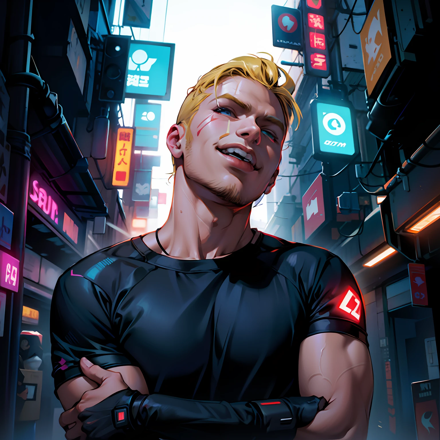 blond with tongue out, roupas modernas, fundo cyberpunk