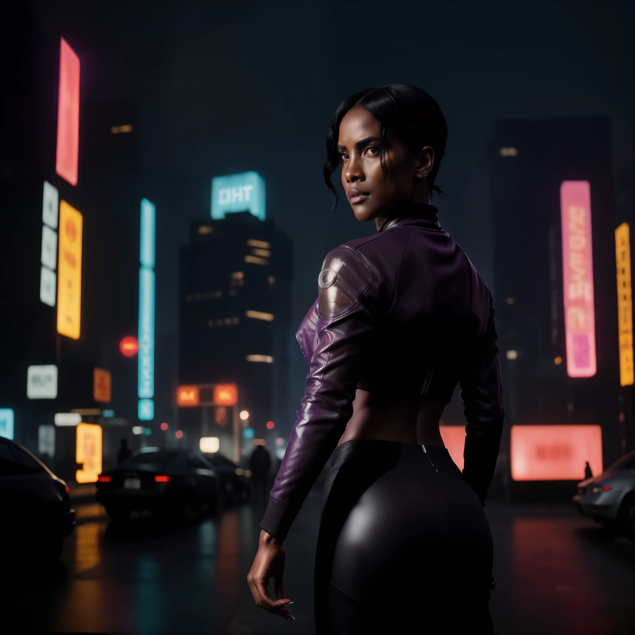 (8k, ARTISTIC photography, best quality, masterpiece: 1.2), (realistic, photorealistic: 1.37), over-detailed, (high-detail skin: 1.2),(Happy:1.3) black, (dark skin:1.1) woman black woman, back, standing with his back to the camera (( in a cyberpunk city streets) (clothes color is Mauve), beautiful face, complex, highly detailed background, Riddley scott, ghost in the shell, Blade Runner, Denis Villeneuve (((cinematic lighting))), ((clear details))