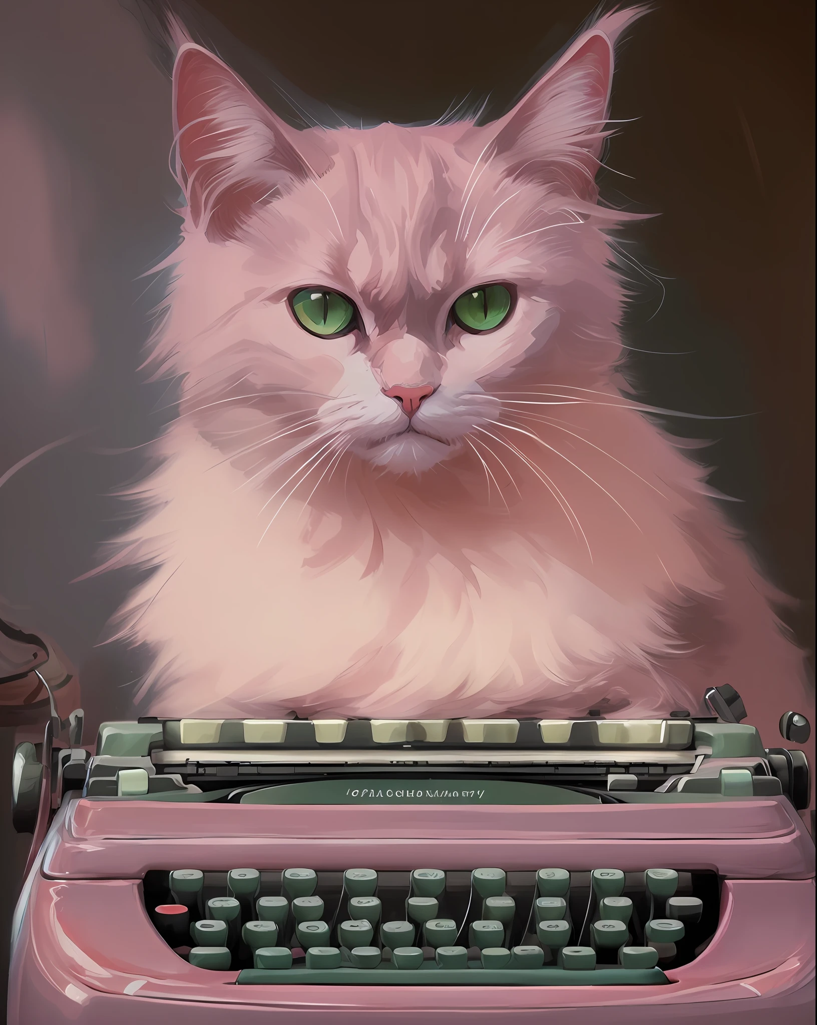 Retrato em close-up de um gato preto bonito de olhos verdes, ((sitting on top of a cute light pink typewriter)), fundo branco, Estilo anime, Ghibli Studio Style, highly detailed professional majestic oil painting by Ed Blinkey, Atey Ghailan, ghibli studio, de Jeremy Mann, Greg Manxadinho, Antonio Moro, trending on ArtStation, trends in CGSociety, intrincado, alto detalhe, foco nítido, Dramatic and Photorealistic Painting Art by Midjourney and Greg Rutkowski, 8k