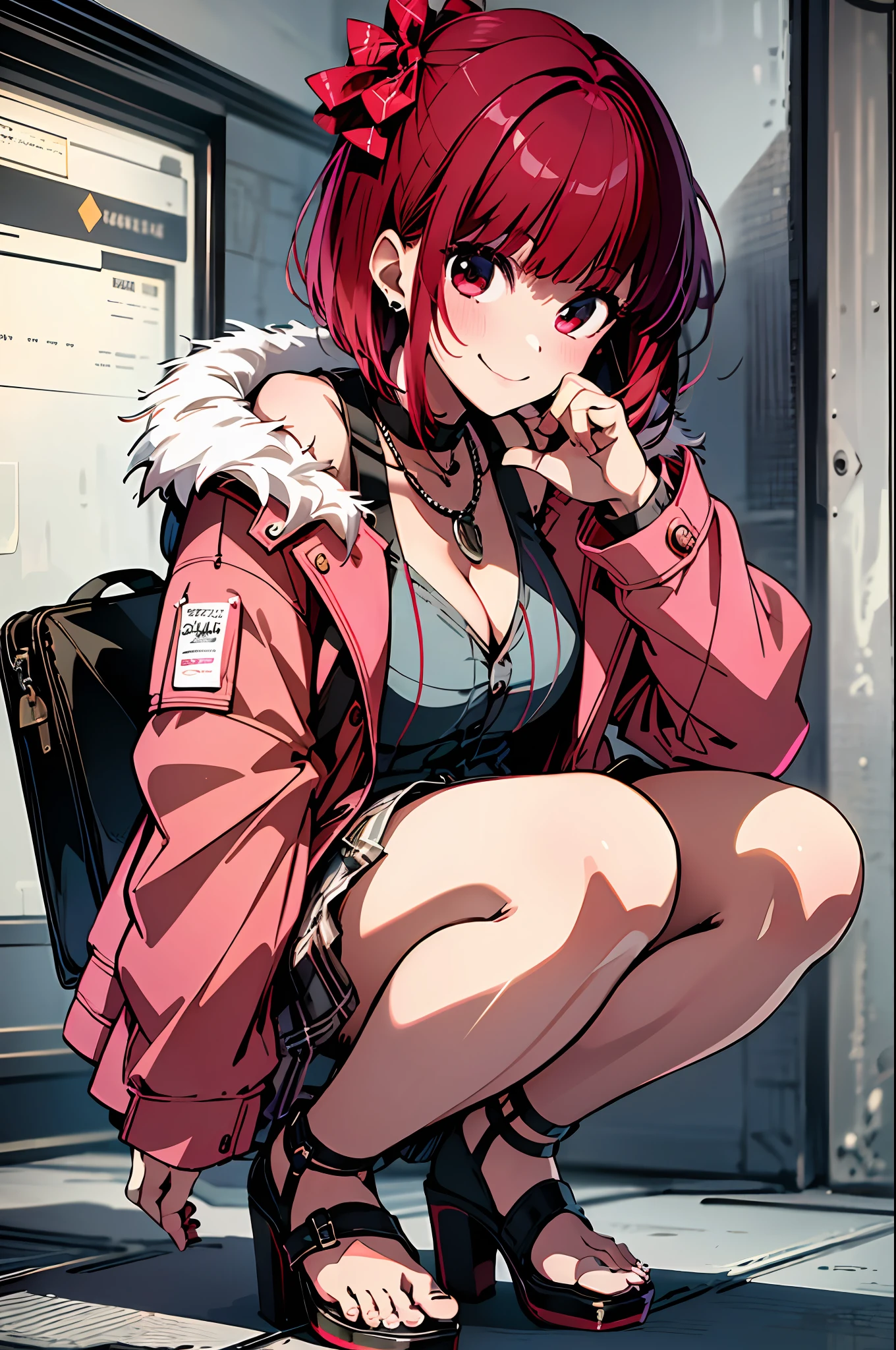 ((Best Quality)), ((Masterpiece)), (Details: 1.4), 1 Girl, Solo, Highly Detailed CG Unity 8k Wallpaper, Illustration, Lens 135mm, Masterpiece, Best Quality, Young Girl, Naughty Face, (White Background: 1.5), Full Body, Simple Background, Masterpiece, Best Quality, Masterpiece, Best Quality, Squat, Hair Ribbon, Straight On, Red Hair, Red Big Eyes, Short Hair, Side Blades, Light smile, closed mouth, pink jacket, (plaid fur jacket: 1.2), plaid skirt, high heels, necklace, handbag, earrings, , masterpiece, best quality, masterpiece, masterpiece, best quality,