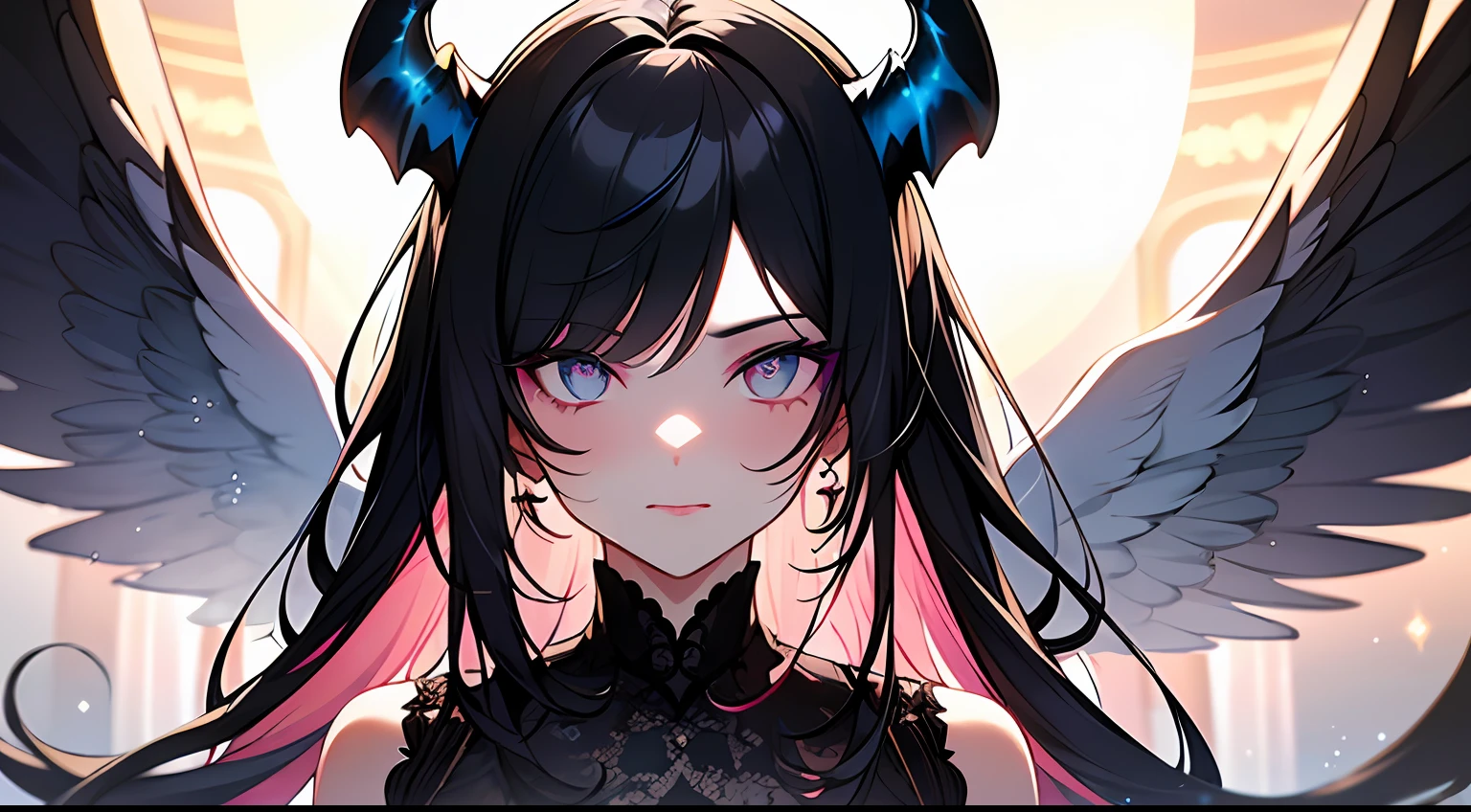 (Masterpiece:1.2), best quality, (illustration:1.2), (ultra-detailed),Eye focus,(Masterfully crafted Glow, pink lens flare), (Cinematic background), hyper details, (delicate detailed), (intricate details),in the air, octane render, hdr, (hyperdetailed:1.15), (soft light:1.2), 1girl, beautiful girl, ultra detailed eyes, mature, plump, thick, rainbow painting drops, paint teardrops, woman made up from paint, entirely paint, splat, splash, outdoors, (bioluminescent hair:1.1),(glowing eyes), ((makeup)),(Cinematic masterpiece), fierce, powerful, splashes of colour absolutely eye-catching, (Cinematic headlight), light coming from above, growing shadows, ((caustic)), dynamic angle, beautiful detailed glow, ambient occlusion, ambient light, raytraced reflections,(best illumination, an extremely delicate and beautiful), ((cinematic light)), (soft:2), (Nephilim:1.2), (halo), demon horns,(1 angel wing),1 demon wing, wings on back, half demon, demon ears, black wings, raven wings, (falling raven feathers), black hair, grey eyes, (red hair glow), (radiant aura),