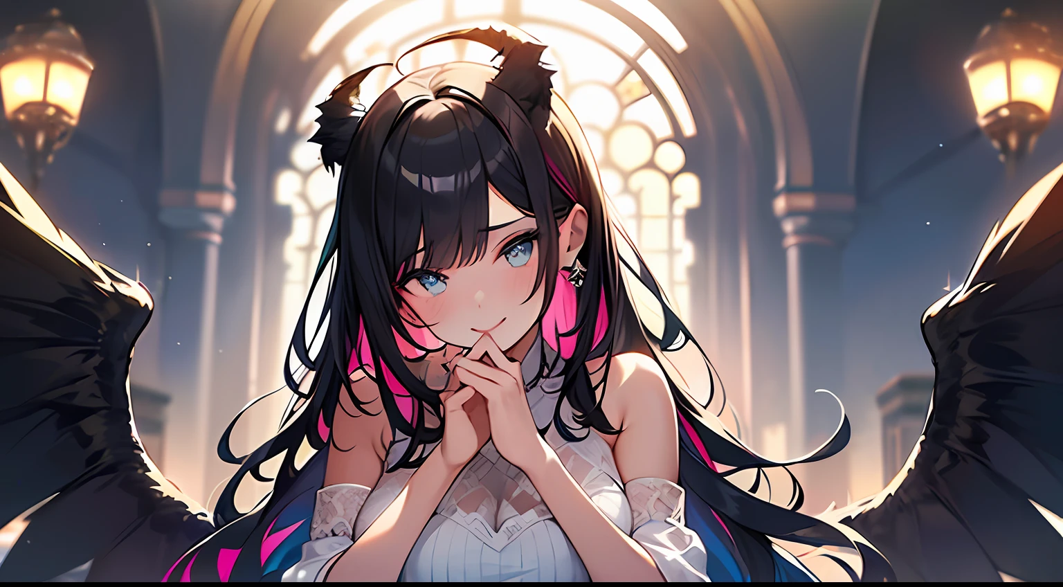 (Masterpiece:1.2), best quality, (illustration:1.2), (ultra-detailed),Eye focus,(Masterfully crafted Glow, pink lens flare), (Cinematic background), hyper details, (delicate detailed), (intricate details),in the air, octane render, hdr, (hyperdetailed:1.15), (soft light:1.2), 1girl, beautiful girl, ultra detailed eyes, mature, plump, thick, rainbow painting drops, paint teardrops, woman made up from paint, entirely paint, splat, splash, outdoors, (bioluminescent hair:1.1),(glowing eyes), ((makeup)),(Cinematic masterpiece), fierce, powerful, splashes of colour absolutely eye-catching, (Cinematic headlight), light coming from above, growing shadows, ((caustic)), dynamic angle, beautiful detailed glow, ambient occlusion, ambient light, raytraced reflections,(best illumination, an extremely delicate and beautiful), ((cinematic light)), (soft:2), (Nephilim:1.2), (halo), demon horns,(1 angel wing),1 demon wing, wings on back, half demon, demon ears, black wings, raven wings, (falling raven feathers), black hair, grey eyes, (red hair glow), (radiant aura),
