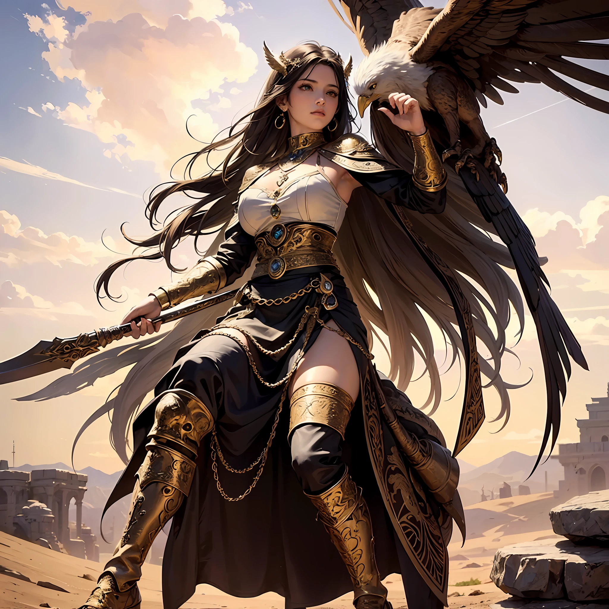 high details, best quality, 8k, [ultra detailed], masterpiece, best quality, (extremely detailed), dynamic angle, ultra wide shot, RAW, photorealistic, fantasy art, beautiful human druid her eagle in the oasis in the desert, female human (1.4 intricate details, Masterpiece, best quality) epic druid (1.4 intricate details, Masterpiece, best quality) and epic flying eagle (1.6 intricate details, Masterpiece, best quality), full body, [[anatomically correct]]. dynamic position (1.5 intricate details, Masterpiece, best quality) flying gold eagle (1.6 intricate details, Masterpiece, best quality) in desert background (1.5 intricate details, Masterpiece, best quality), a female wearing leather clothes, desert clothing, holy symbol (1.4 intricate details, Masterpiece, best quality), leather boots, thick hair, long hair, dark hair, tan skin intense eyes, desert background (intense details), an oasis in the background (1.4 intricate details, Masterpiece, best quality), divine light, god light (1.4 intricate details, Masterpiece, best quality), high details, best quality, highres, ultra wide angle