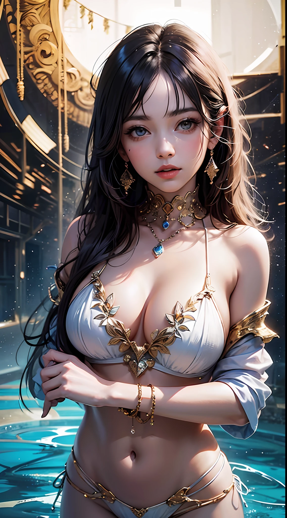 Focus on the person. We create and express the best shining composition of the person. ((Masterpiece)), (((highest quality)))), ((Ultra detail)), (Ultra realistic), (Highly detailed CG illustrations), (Very delicate and beautiful), Girls as masterpieces, highest quality, realistic skin, realistic fabrics, realist illustrations focusing on girls with realistic and ultra-detailed eyes in the center front. This is the absolute rule, and the following sentence expresses the image quality. It is the greatest masterpiece in the history of the class of Inuitsuki Ichigo, in which the owner of the greatest painting talent in human history met an unparalleled beauty and risked his life to depict the most beautiful figure. Create stunning anime artwork that is currently trending on seaStation, showcasing exquisite beauty and captivating aesthetics.  Background: Night view of the vast outdoor pool. The illuminated decorations, water slides, and the glow of the light reflected on the surface of the water express the glamour of the pool party at night. Generate three new and creative image prompts, focusing on a young beautiful girl in the foreground. Prompt respects anatomy, is bold and decisive, and aims to maximize the girl's charm through emotional quality, direction and effect. The background is to depict a Japan high school girl who has wandered into another world. Prompt should aim for highly realistic depictions and strive for detailed and high-quality depictions. The girl is petite, has a very youthful face and clear eyes. The skin is fine, and the proportions of the dynamite body are beautiful on the bare skin. The shape of the fingertips and hands is beautiful, and the clothes and accessories change depending on the material of the fabric, and are realistically reproduced. The most beautiful and moving miraculous moment of her life, living powerfully in another world. This miraculous moment is a masterpiece of reverence painted by the greatest painter in human history,