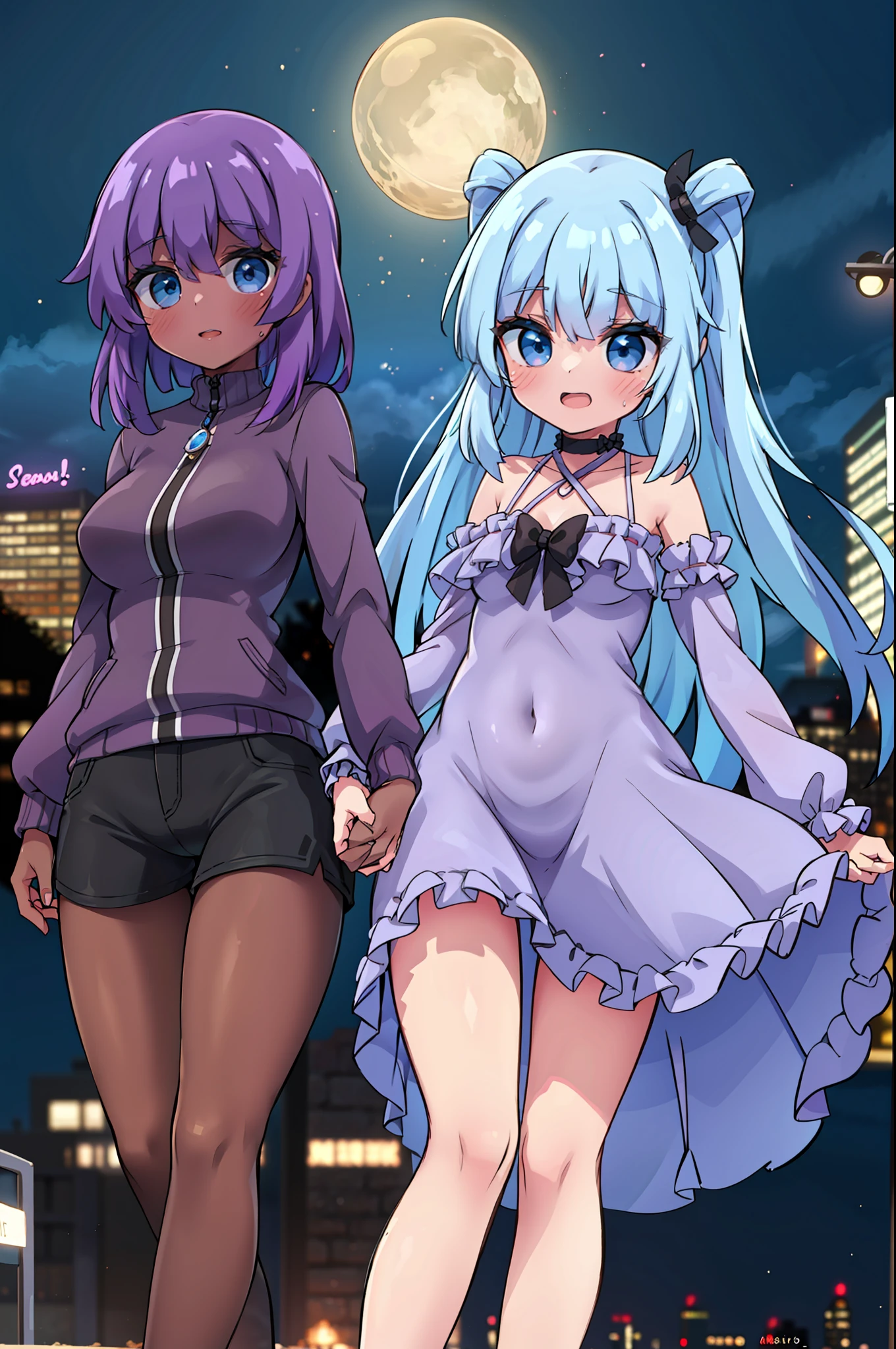 Una imagen espectacular. A medium shot of a beautiful young woman of about 23 years and her sister of 27 years even more impressive, are of Germanic origin. The two are together holding hands strolling down a New York street on a Saturday night on their way to party areas..................... Realismo extremo, detalles locos, intricate composition, cinematic quality, perfect photography, Colores sublimes.