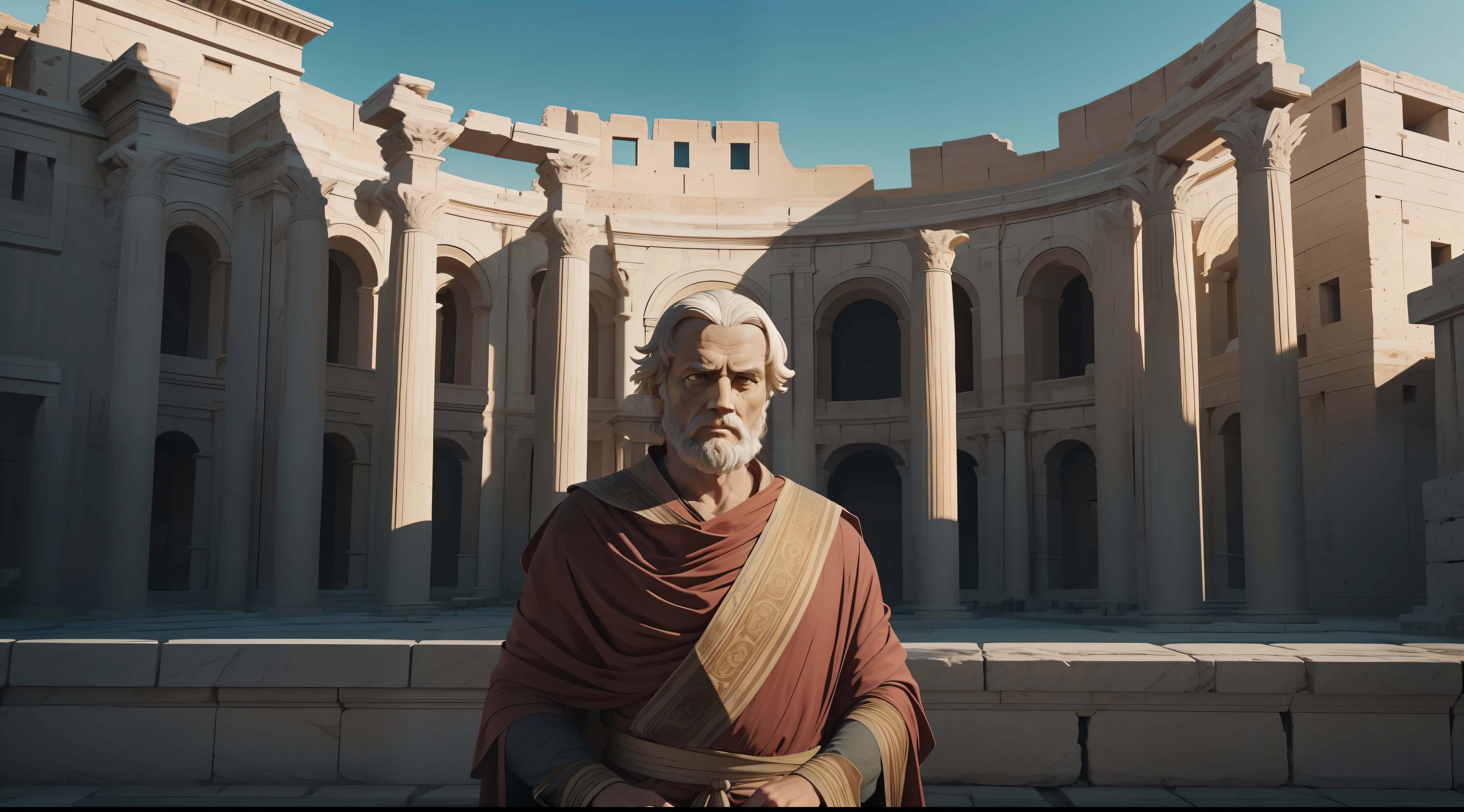 Seneca the stoic philosopher of Ancient Rome, watching directly in the camera having in background Roman buildings, One person, Frontal face, portrait, 8 k movie still, movie still 8 k, from a live action movie, still from the movie, full body, space around. Stoicism, Ancient philosophy 50AD - 65AD