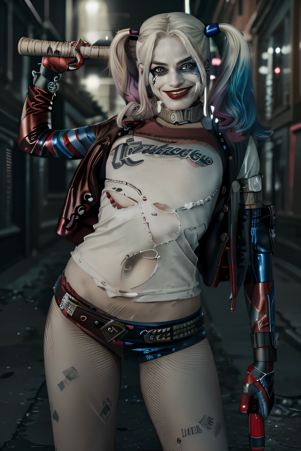 (RAW photos: 1.2), ((harley quinn)), ((camera from below)), top quality, detailed beautiful girl, smile, blonde, highly detailed ((blue eyes)) and face, beautiful detailed eyes, size of huge file, high resolution, high resolution, 8k wallpaper, fine details, 8k wallpaper, face light, film lighting,(photorealism: 1.4), illustration, surrealism, from below, super detail, Masterpiece, harley quinn in a gothic city alley on a dark winter night looking at the camera with a cold stare her smile is sinister, she is holding a baseball bat with her right hand and ((pointing at the camera with her left hand))