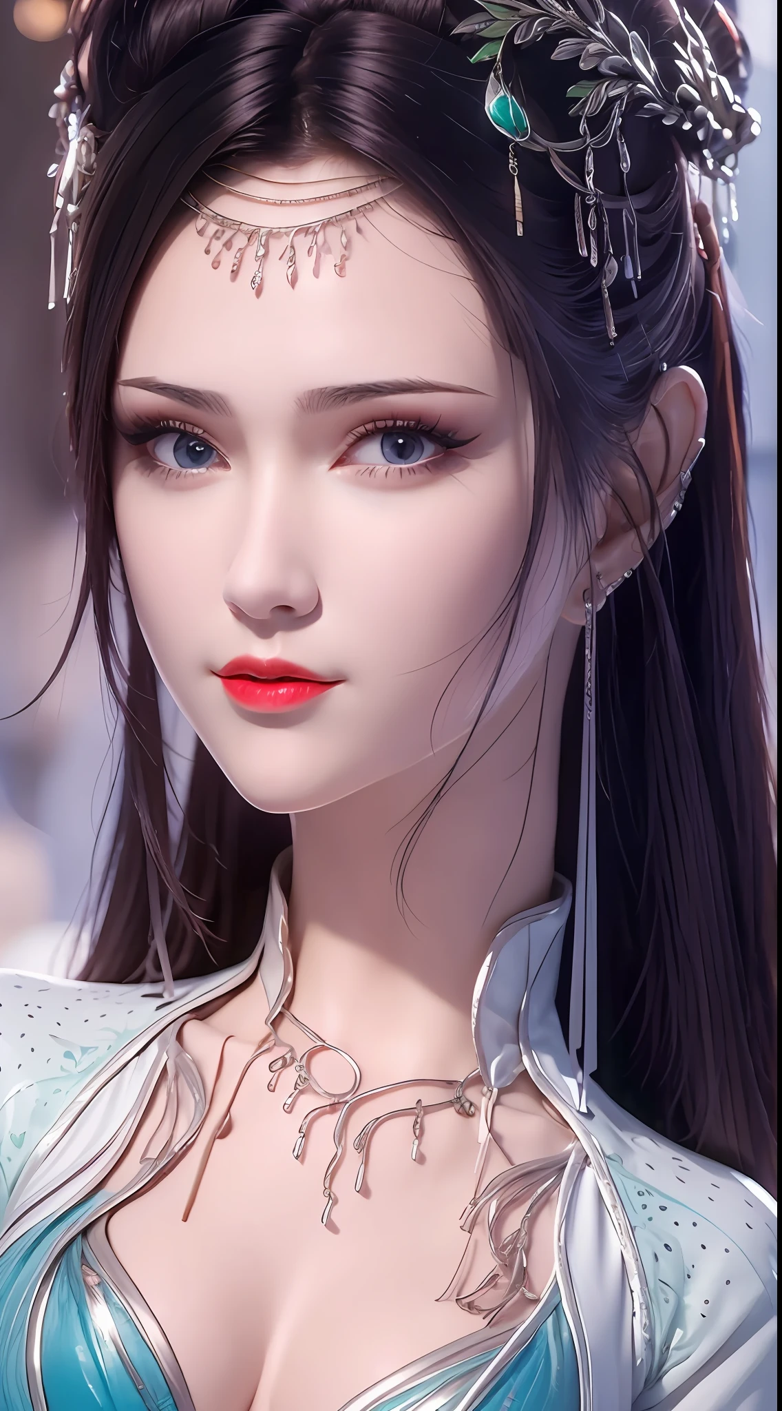 Portrait of a young 20-year-old saint, a saint with a beautiful and super cute face,wearing a very thin and sexy ao dai, beautiful cute face, Ao dai with a deep slit in the chest and attractive black and white lace trim, beautiful face without blemishes, Lovely smile, ((7-color hair length:1.2)), big crown, hair brooch, hanfu dress, chinese ancient style, full body jewelry, forehead tattoo, The female saint's breasts are round and very full, breast augmentation, innocent face, The most beautiful and detailed light red lipstick, ((Thin plump lips:0.3)), delicate pink and white eyes (white and detailed) cinematic, light and dark, dramatic lighting, magical light, extremely detailed light, true color, super sharp, realistic, 8k quality, fantasy universe background, saints and magical space, the most detailed images, Solo, a saintess, ((looking directly at the saint's upper body:0.4)), ((smooth skin:0.5)),