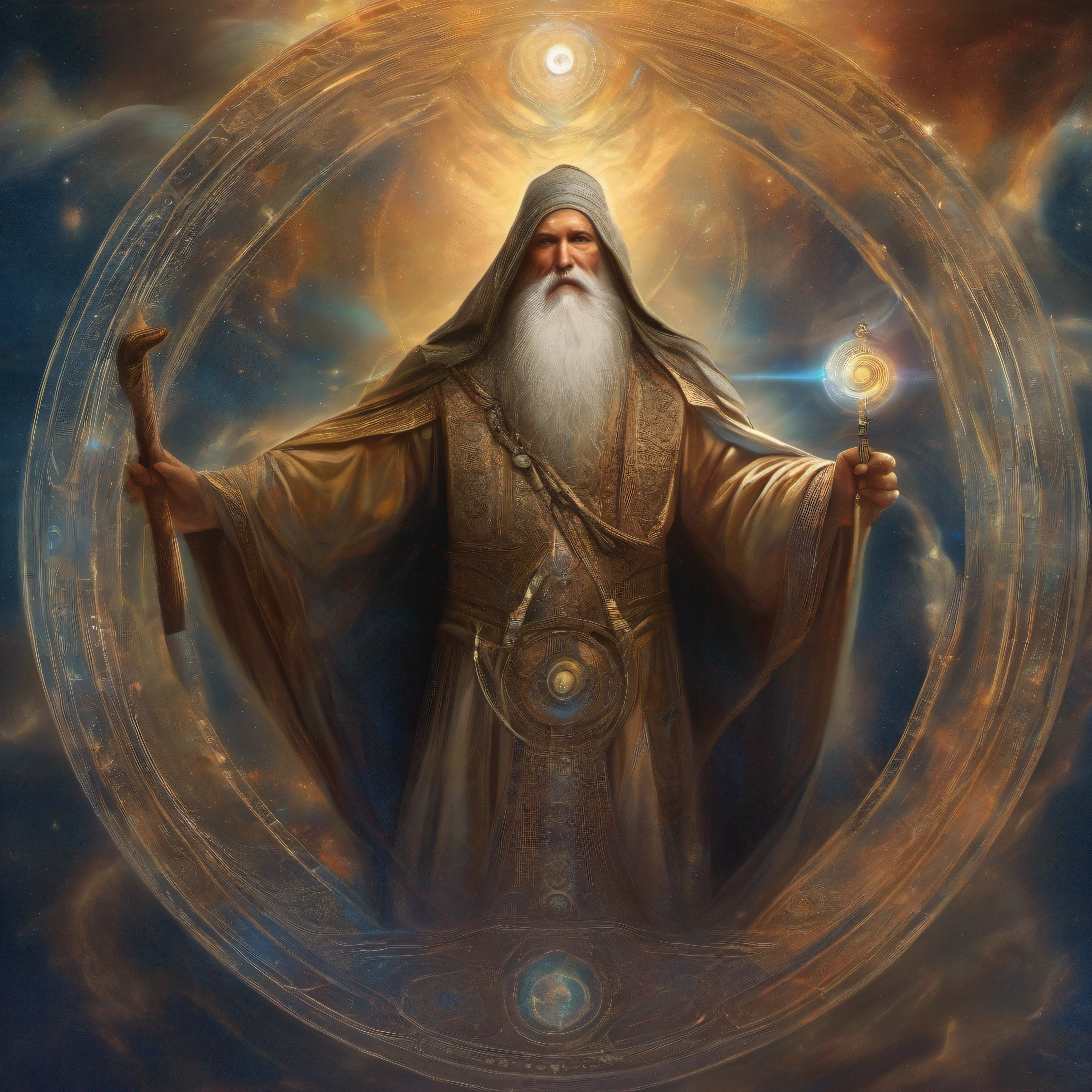 Prophet Enoch with a staff, traveling between dimensions in space, time, energy vortex, portals, dimensions
