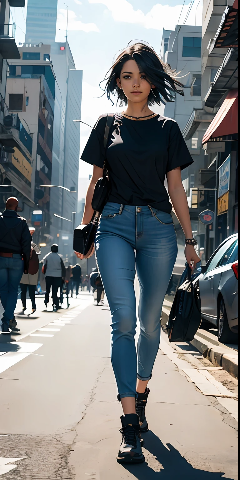 masterpiece, best quality, highly detailed, photorealistic, cyberpunk style, modelshoot style, (full body portrait of a Arab girl with black eyes:1.2) BREAK in a futuristic cyberpunk city street BREAK (short hair flowing in the wind:1.2) BREAK (Black basic tee-shirt:1.1) Walking style, BREAK (skinny blue jean pants:1.1) BREAK black round neck plain Tee-shirt BREAK outdoors, blue sky, green grass BREAK (outdoors:1.2)