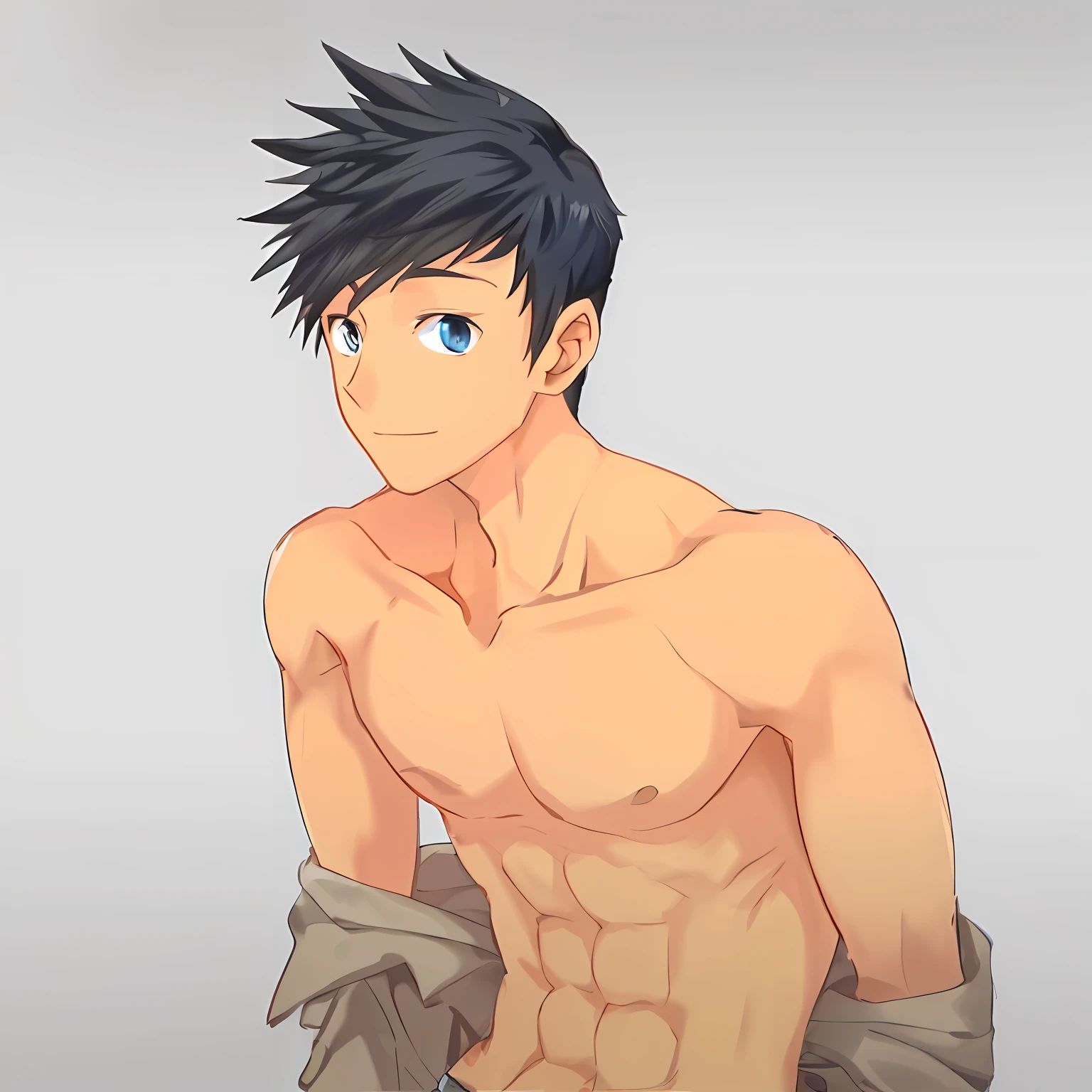 An anime person with a shirtless torso and no shirt, Anime handsome man, male anime character, Handsome anime pose, young anime man, Tall anime guy with blue eyes, anime man, kentaro miura art style, anime vtuber full body model, Male anime style, semi realistic anime, Anime boy, Smooth anime CG art, made with anime painter studio