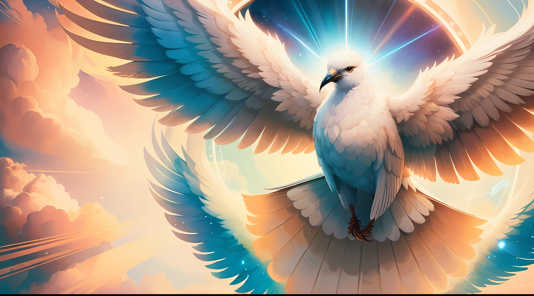 There is a white bird flying in the sky with its wings spread, ophanim has bird wings, majestosas asas de pomba grande, pomba branca, holy spirit, WLOP e RHADS, Aves f CGSetalation, arte de fundo, inspirado em Cyril Rolando, stunning digital illustration, Cyril Rolando e Goro Fujita, Arte digital altamente detalhada em 4k