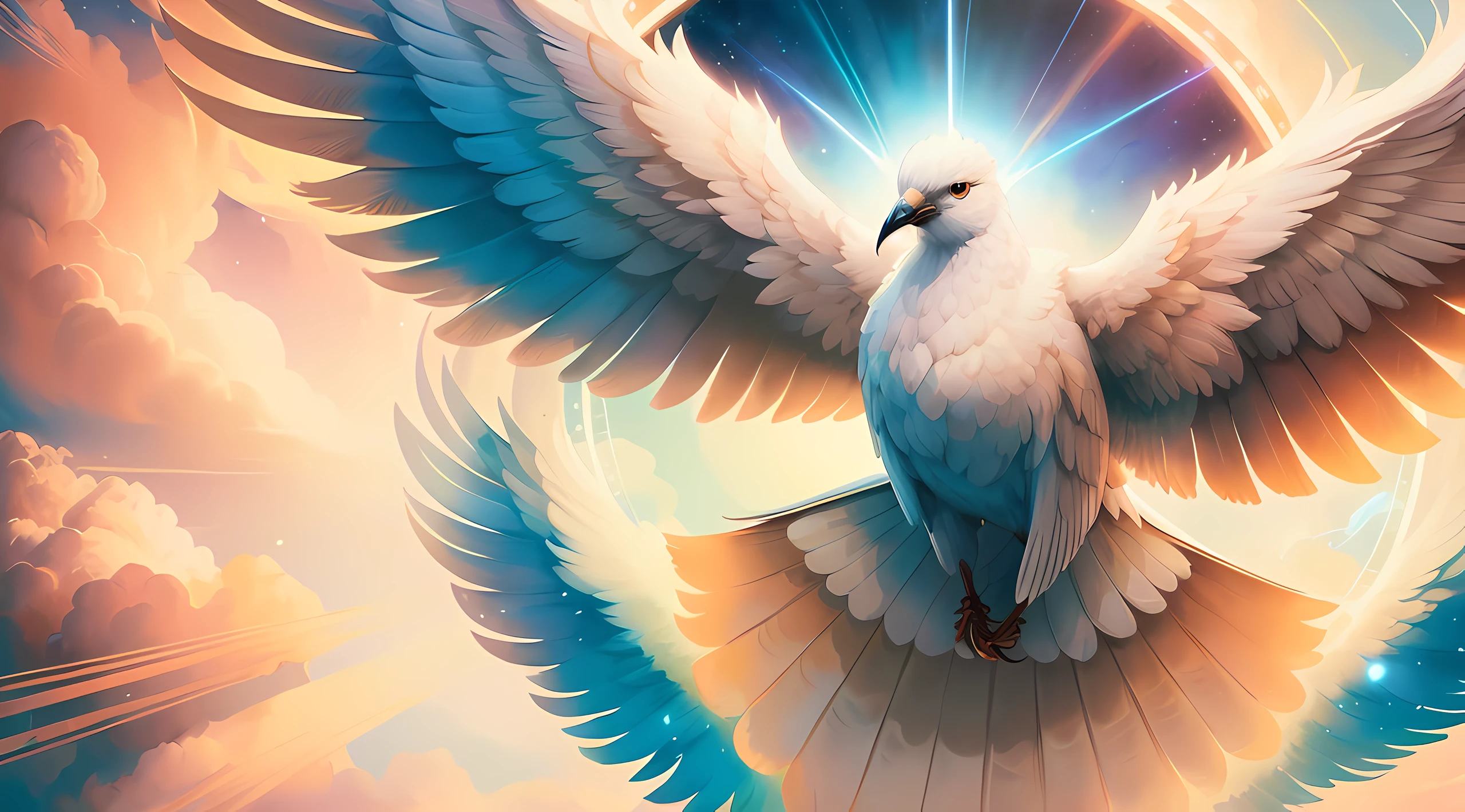 There is a white bird flying in the sky with its wings spread, ophanim has bird wings, majestosas asas de pomba grande, pomba branca, holy spirit, WLOP e RHADS, Aves f CGSetalation, arte de fundo, inspirado em Cyril Rolando, stunning digital illustration, Cyril Rolando e Goro Fujita, Arte digital altamente detalhada em 4k