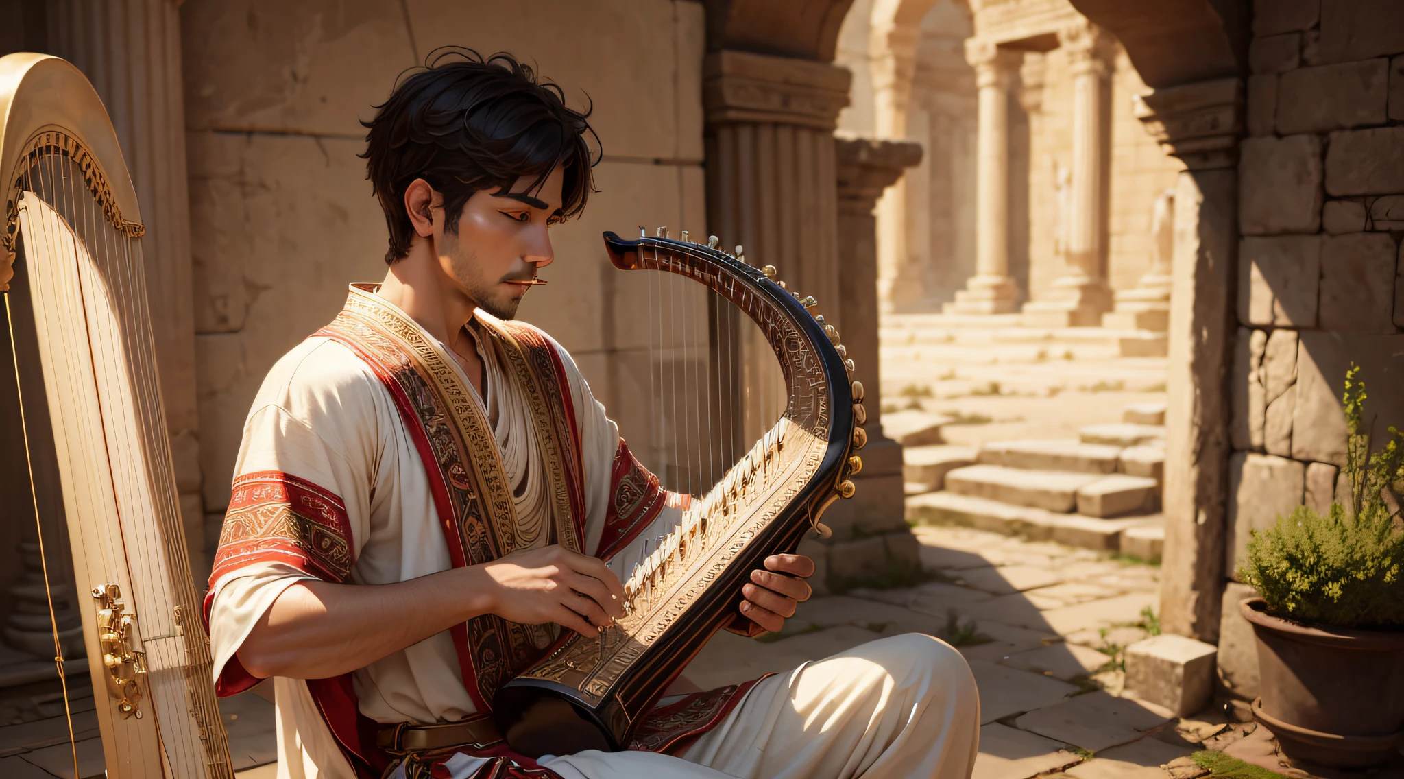 a musician playing his harp, ancient clothes --auto