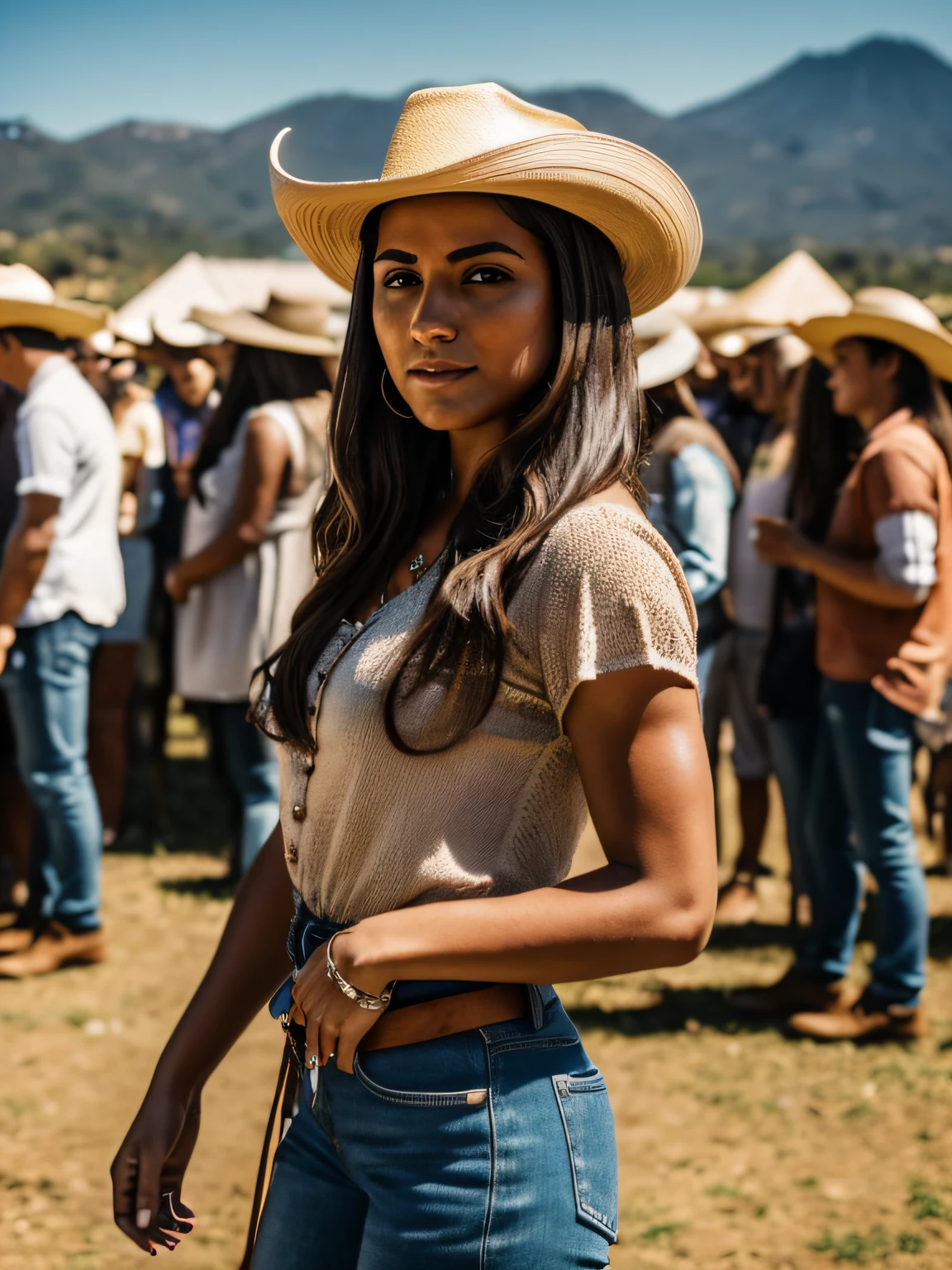 Foto RAW de uma mulher branca do sul de 24 anos, average-looking person, cabelo loiro, wearing a cowgirl hat and brown boots, sardas, (rosto detalhado), corpo em forma, ((meio corpo)), in a country event with the stage in the background in the middle of the crowd, (pele altamente detalhada: 1.2), 8k uhd, dslr, soft-lighting, alta qualidade, grain of film, Fujifilm XT3