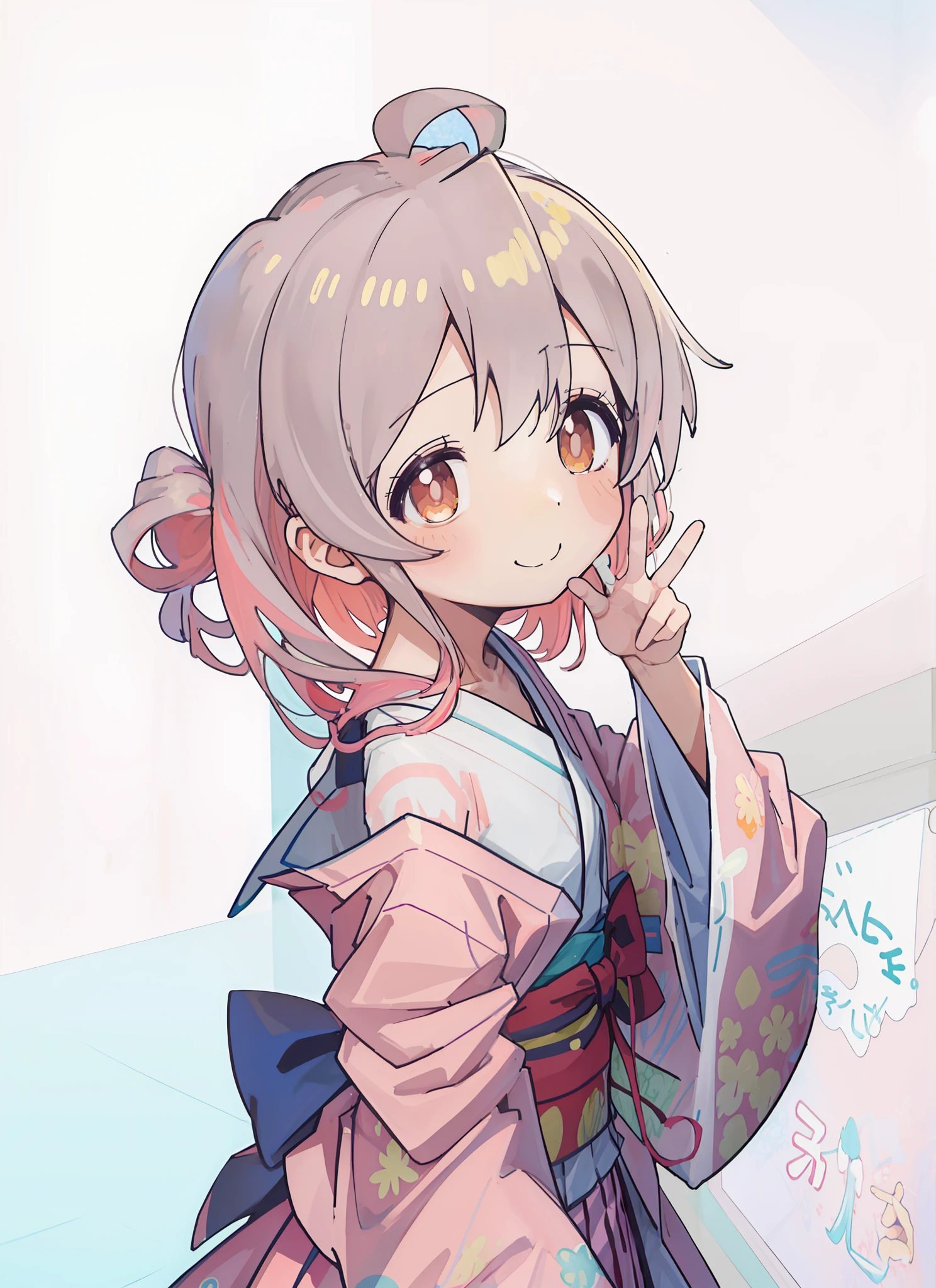 1girll、By bangs、ahoge、long whitr hair、Be red in the face、（long  skirt：1.1）、ssmile、Solo、Cute anime girl, up of young anime girl, Anime art wallpaper 8 K, attractive anime girls, Beautiful anime girl，anime visual of a cute girl, Anime moe art style, Soft anime illustration, cute anime girl portraits, Cute anime girl portrait, cute kawaii girls，Yukata style clothing，bathrobe，Oyama Makoto，smallunderboob，（perfect hand，perfect anatomia）， （Dynamic angles and poses：1.3），bathrobe，having fun，Normal hands，lovely hand,onimai,Flesh-colored hair
