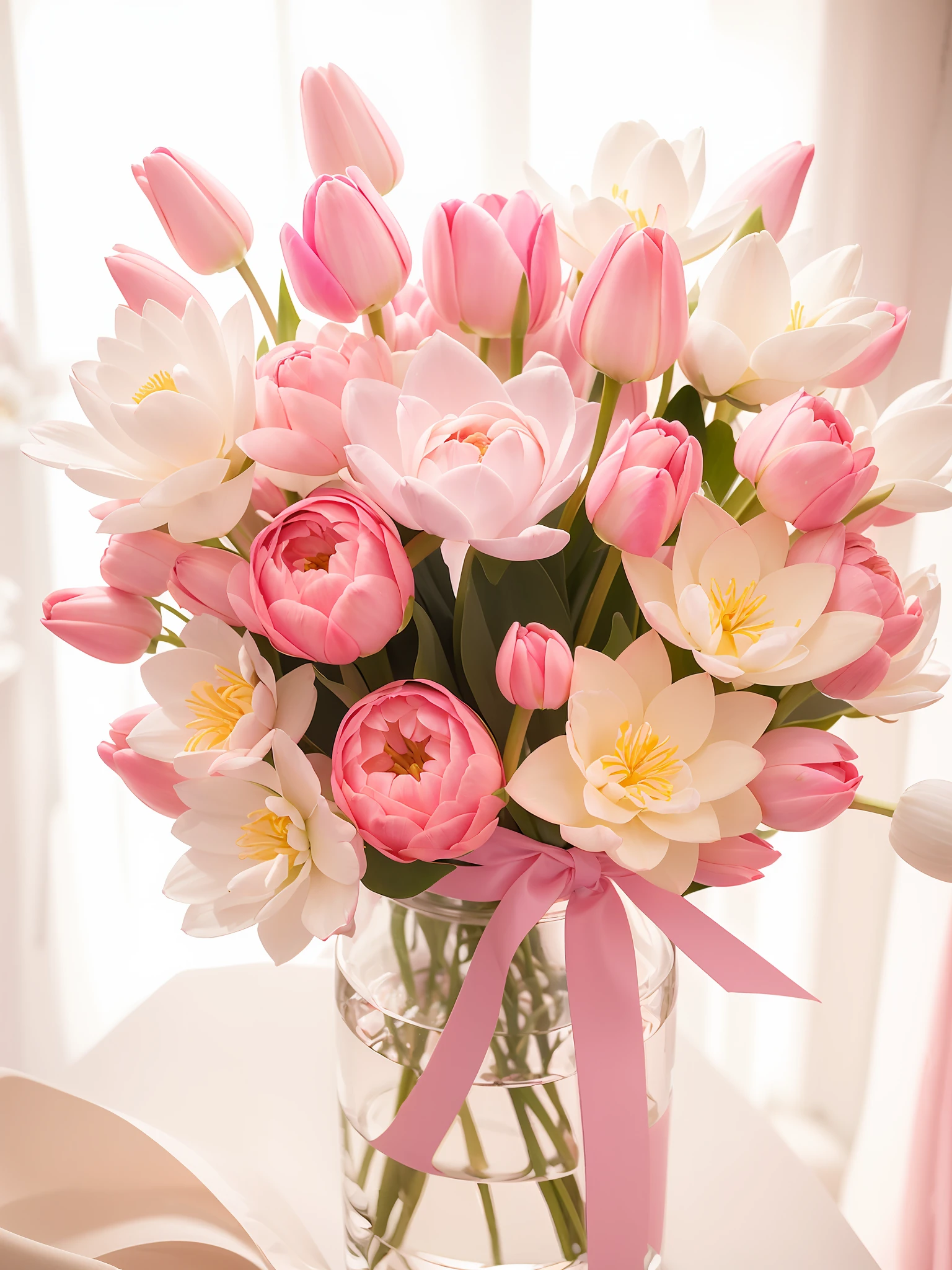 There is a vase,There are pink and white flowers inside, Roses and tulips, Lovely, Pink flowers, with soft pink colors, 🎀 🗡 🍓 🧚, elegant flowers, pastel overflow, Bouquet, shades of pink, Very sweet, Pink Lotus Queen, flower bouquet, light pink tonalities, Blooming flowers, Elegant and graceful, tranquil and graceful, Beautiful image