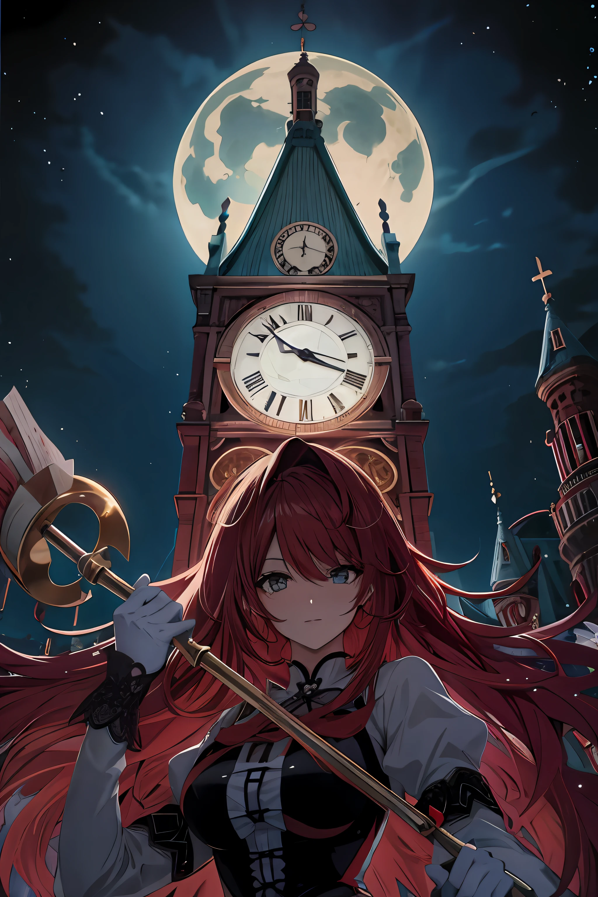 garota anime, cabelo vermelho, vestido preto, olhos azuis, luvas brancas longas, gravata borboleta vermelha, segurando um cajado magico, torre do relogio, noite, lua azul,