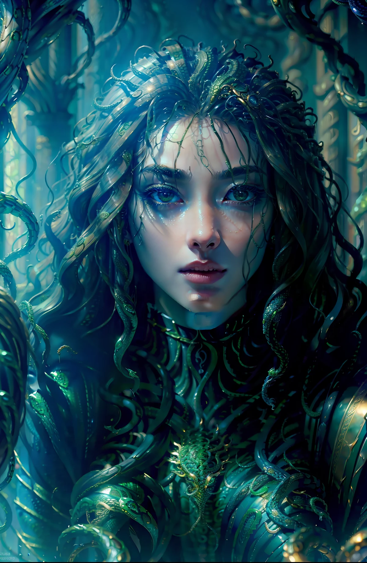 ((best quality)), ((masterpiece)), ((realistic)), Medusa, full body, the hair is composed of countless small snakes, green eyes, female face, metal carved top, royal aura, trend on artstation , sharp focus, studio photo, intricate detail, very detailed, detailed eye, illustration, very detailed, sharp focus, digital render, professional, 4k