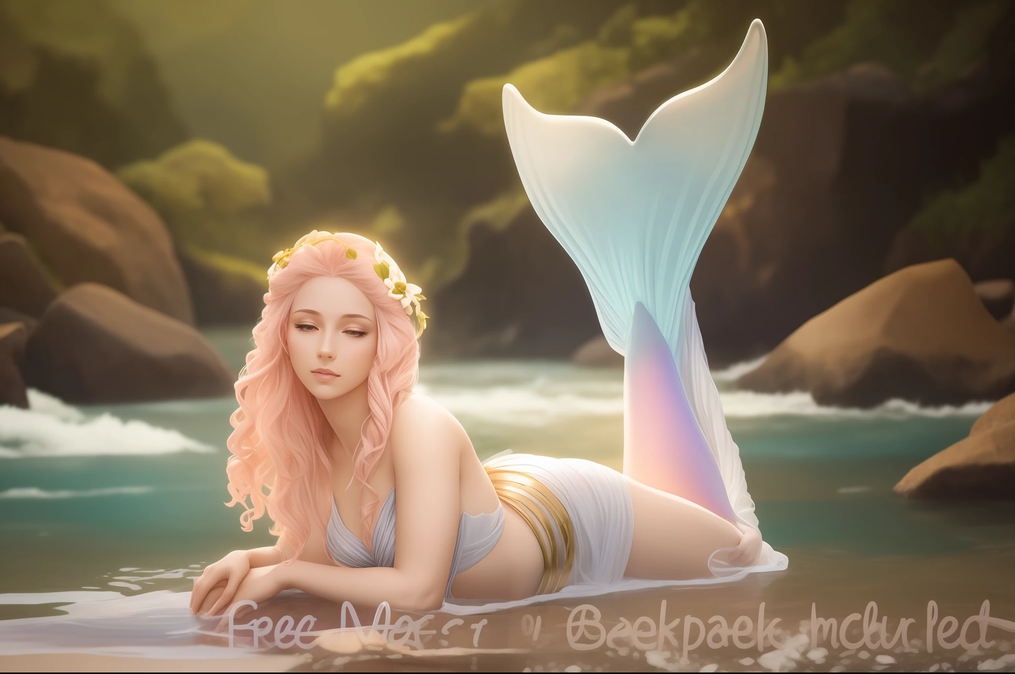Aphrodite, pale pink mermaid costume, female Alafed statue, two arms, mysterious cosmic background, goddess of love, Greek goddess of love and peace, goddess of light, goddess of Hestia, beautiful goddess, Greek goddess, goddess of wisdom, Greek goddess Athena, holy goddess, only one person, sitting on a rock in the middle of the water body with hands folded behind the back of the head