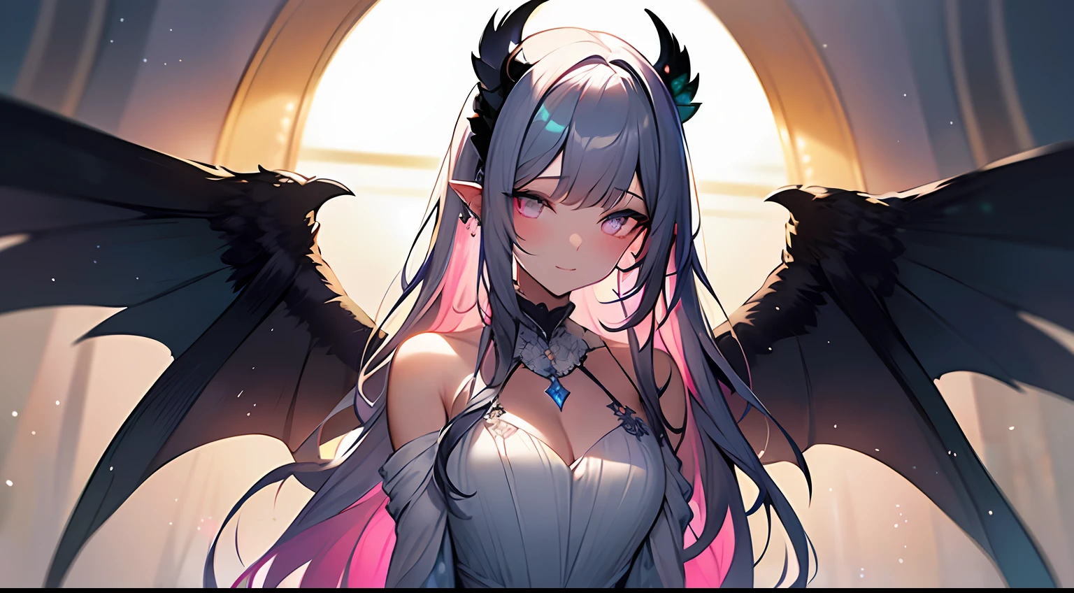 (Masterpiece:1.2), best quality, (illustration:1.2), (ultra-detailed),Eye focus,(Masterfully crafted Glow, pink lens flare), (Cinematic background), hyper details, (delicate detailed), (intricate details),in the air, octane render, hdr, (hyperdetailed:1.15), (soft light:1.2), 1girl, beautiful girl, ultra detailed eyes, mature, plump, thick, rainbow painting drops, paint teardrops, woman made up from paint, entirely paint, splat, splash, outdoors, (bioluminescent hair:1.1),(glowing eyes), ((makeup)),(Cinematic masterpiece), fierce, powerful, splashes of colour absolutely eye-catching, (Cinematic headlight), light coming from above, growing shadows, ((caustic)), dynamic angle, beautiful detailed glow, ambient occlusion, ambient light, raytraced reflections,(best illumination, an extremely delicate and beautiful), ((cinematic light)), (soft:2), (Nephilim:1.2), (halo), demon horns,(1 angel wing),1 demon wing, wings on back, half demon, demon ears, black wings, raven wings, (falling raven feathers), black hair, grey eyes, (red hair glow), (radiant aura),