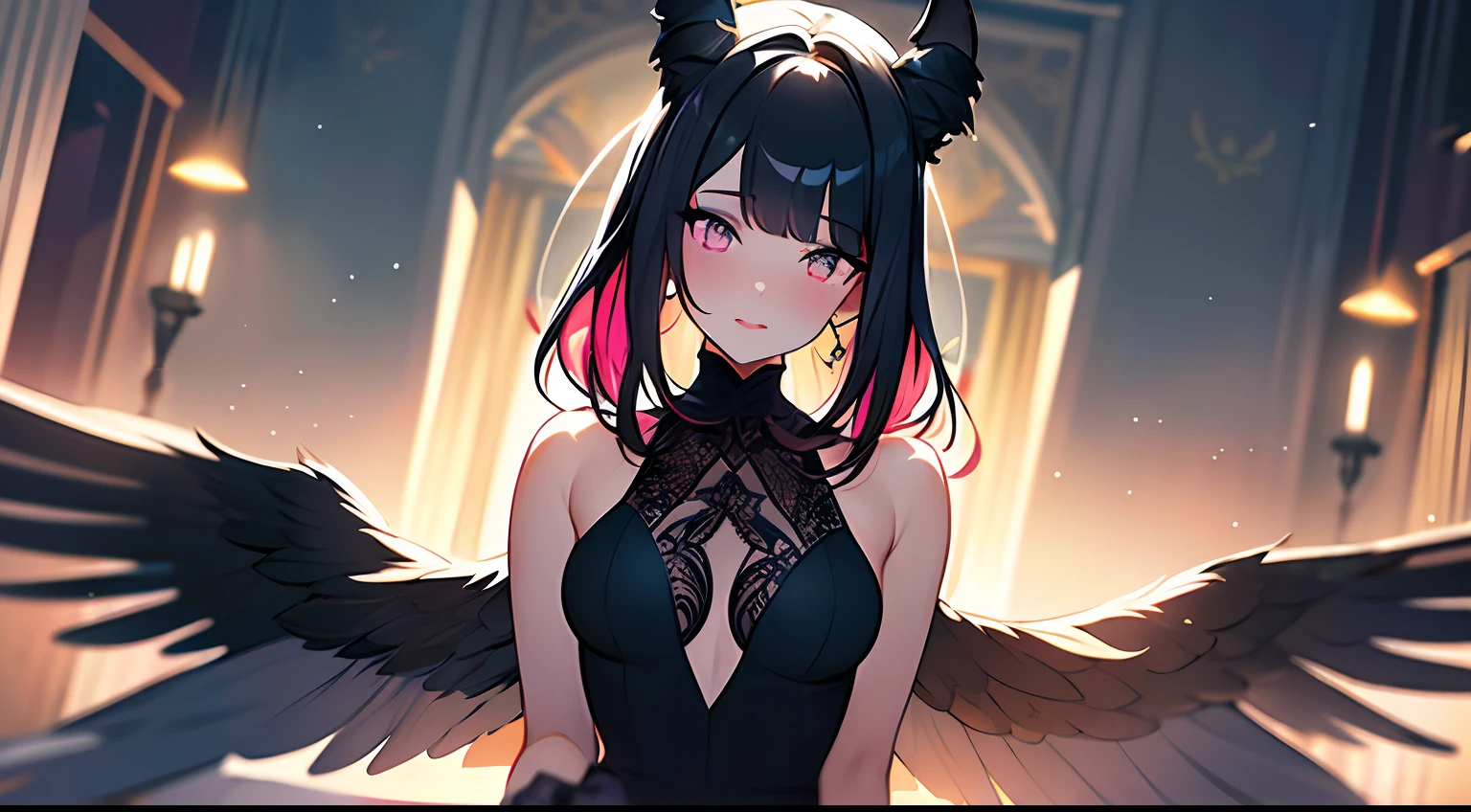 (Masterpiece:1.2), best quality, (illustration:1.2), (ultra-detailed),Eye focus,(Masterfully crafted Glow, pink lens flare), (Cinematic background), hyper details, (delicate detailed), (intricate details),in the air, octane render, hdr, (hyperdetailed:1.15), (soft light:1.2), 1girl, beautiful girl, ultra detailed eyes, mature, plump, thick, rainbow painting drops, paint teardrops, woman made up from paint, entirely paint, splat, splash, outdoors, (bioluminescent hair:1.1),(glowing eyes), ((makeup)),(Cinematic masterpiece), fierce, powerful, splashes of colour absolutely eye-catching, (Cinematic headlight), light coming from above, growing shadows, ((caustic)), dynamic angle, beautiful detailed glow, ambient occlusion, ambient light, raytraced reflections,(best illumination, an extremely delicate and beautiful), ((cinematic light)), (soft:2), (Nephilim:1.2), (halo), demon horns,(1 angel wing),1 demon wing, wings on back, half demon, demon ears, black wings, raven wings, (falling raven feathers), black hair, grey eyes, (red hair glow), (radiant aura),