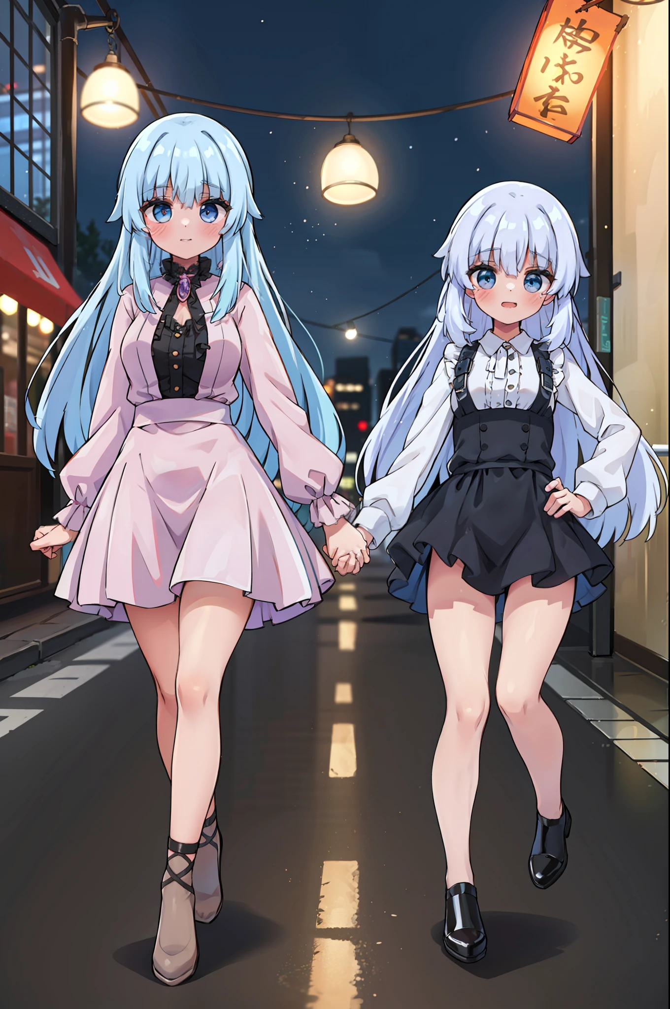 Una imagen espectacular. A medium shot of a beautiful young woman of about 23 years and her sister of 27 years even more impressive, are of Germanic origin. The two are together holding hands strolling down a New York street on a Saturday night on their way to party areas....................... Realismo extremo, detalles locos, intricate composition, cinematic quality, perfect photography, Colores sublimes.