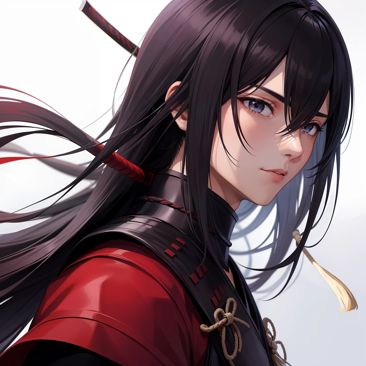 homem garoto japones fantasia 15 anos, usa unforme samurai vermelho, preto e branco cabelo longo fantasia